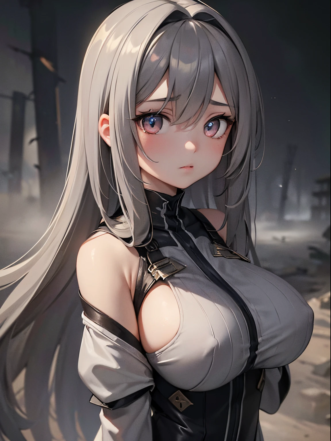 (masterpiece,best quality,ultra-detailed),1girl, large breast, glowing eyes,long hair,(((dust beauty girl))),beautiful and detailed face, detailed eyes,night,dust particles in the air,((grey theme)),((((dust theme)))),
