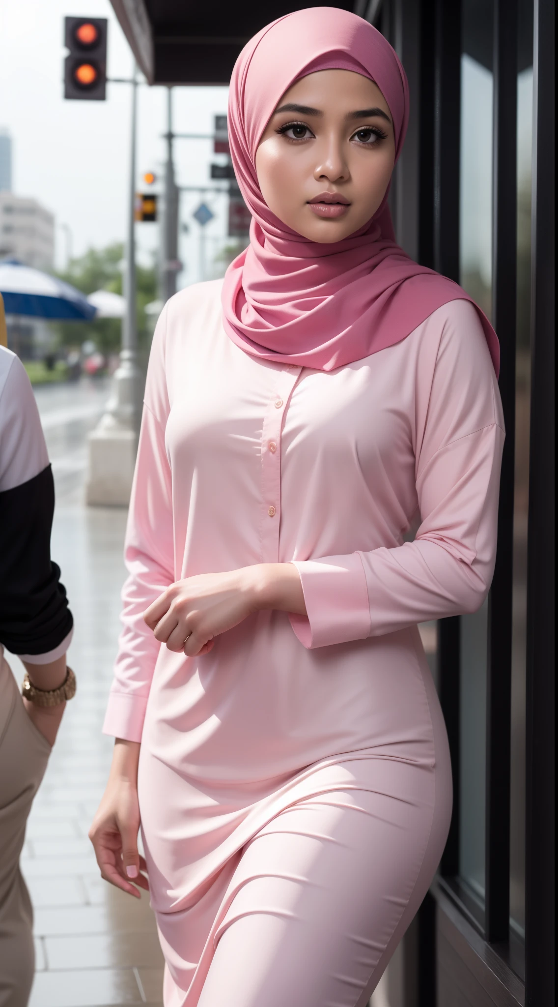 (HIJAB ), Skinny LIGHT blue & pink satin hijab girl naked (SHINY DARK SKIN), SADNESS , lace Stockings