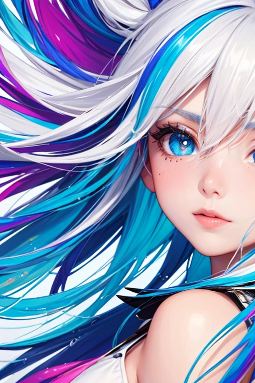 (((masterpiece))),(((best quality))),((ultra-detailed)),(illustration),(dynamic angle), ((floating)),(paint),((disheveled hair)), (solo),(1girl), ((small_breasts)), (((detailed anima face))),((beautiful detailed face)),collar,bare shoulders,  white hair, ((colorful hair)),((streaked hair)), beautiful detailed eyes,(Gradient color eyes),(((colorful eyes))), (((colorful background))),(((high saturation))),(((surrounded by colorful splashes))),(((surrounded by colorful dot))),colorful bubble,((shining))