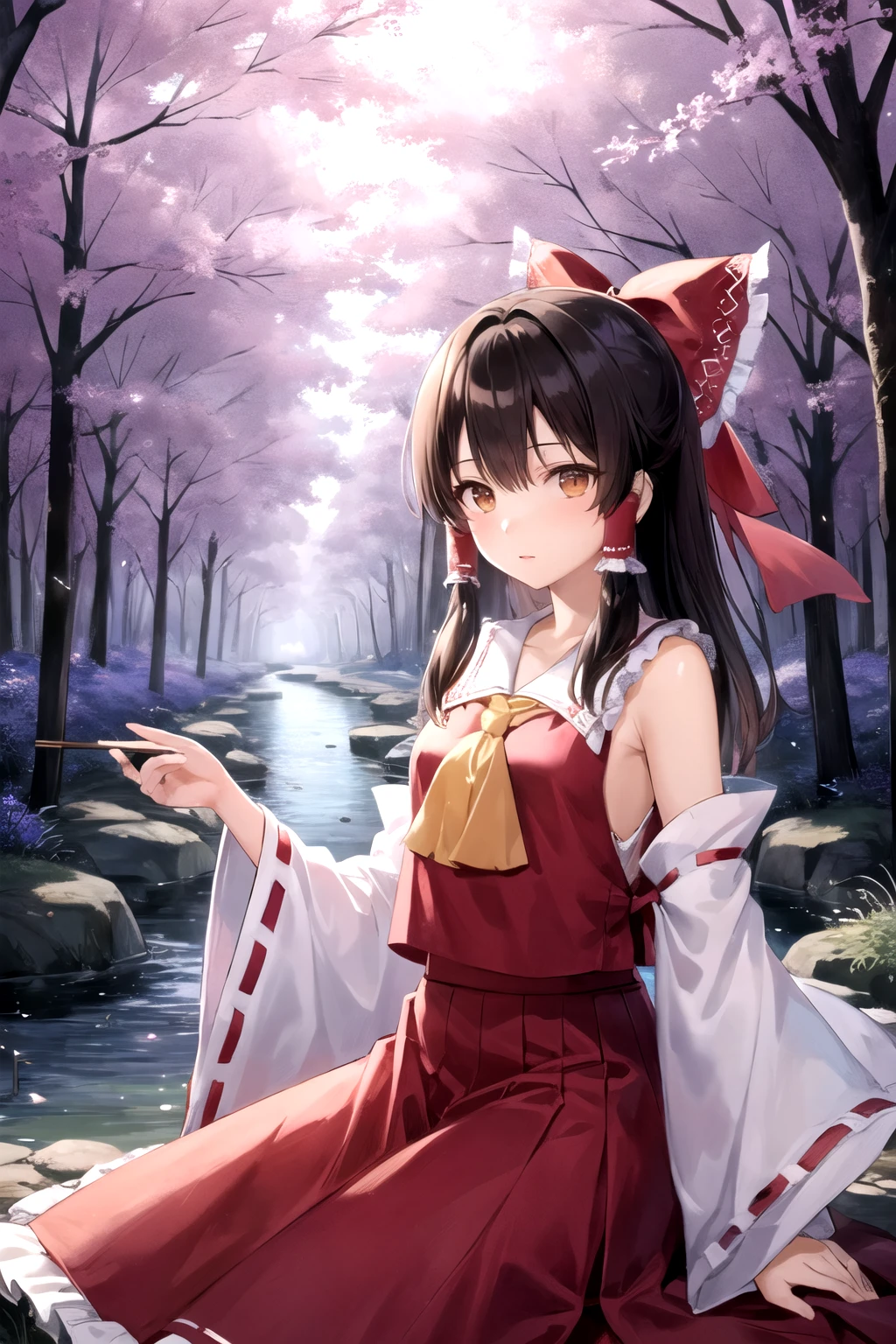 detailed background, masterpiece, best quality, 1girl, hakurei reimu, brown hair, hair tubes, hair ribbon, brown eyes, nontraditional miko, a forest full of purple and white trees, fireflies, water, purple theme, white theme, mystical, magical,
glowing eyes