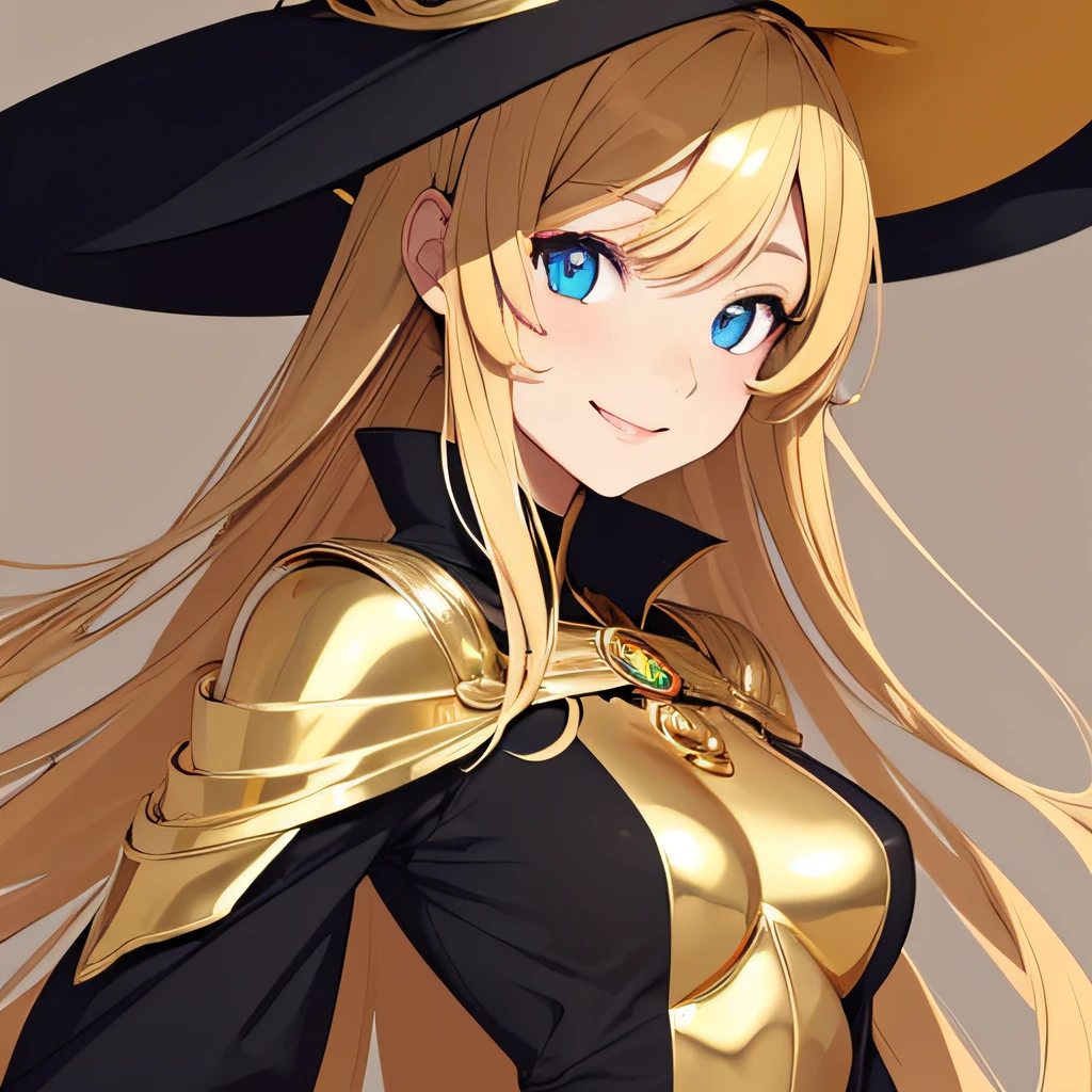 (masutepiece, Best Quality),((Flat color)), 1 girl , Witch Girl, pixiv style, Detailed beautiful eyes, Small breasts, Smile , shiny golden, Metallic Color, Dynamic, Gold Element,