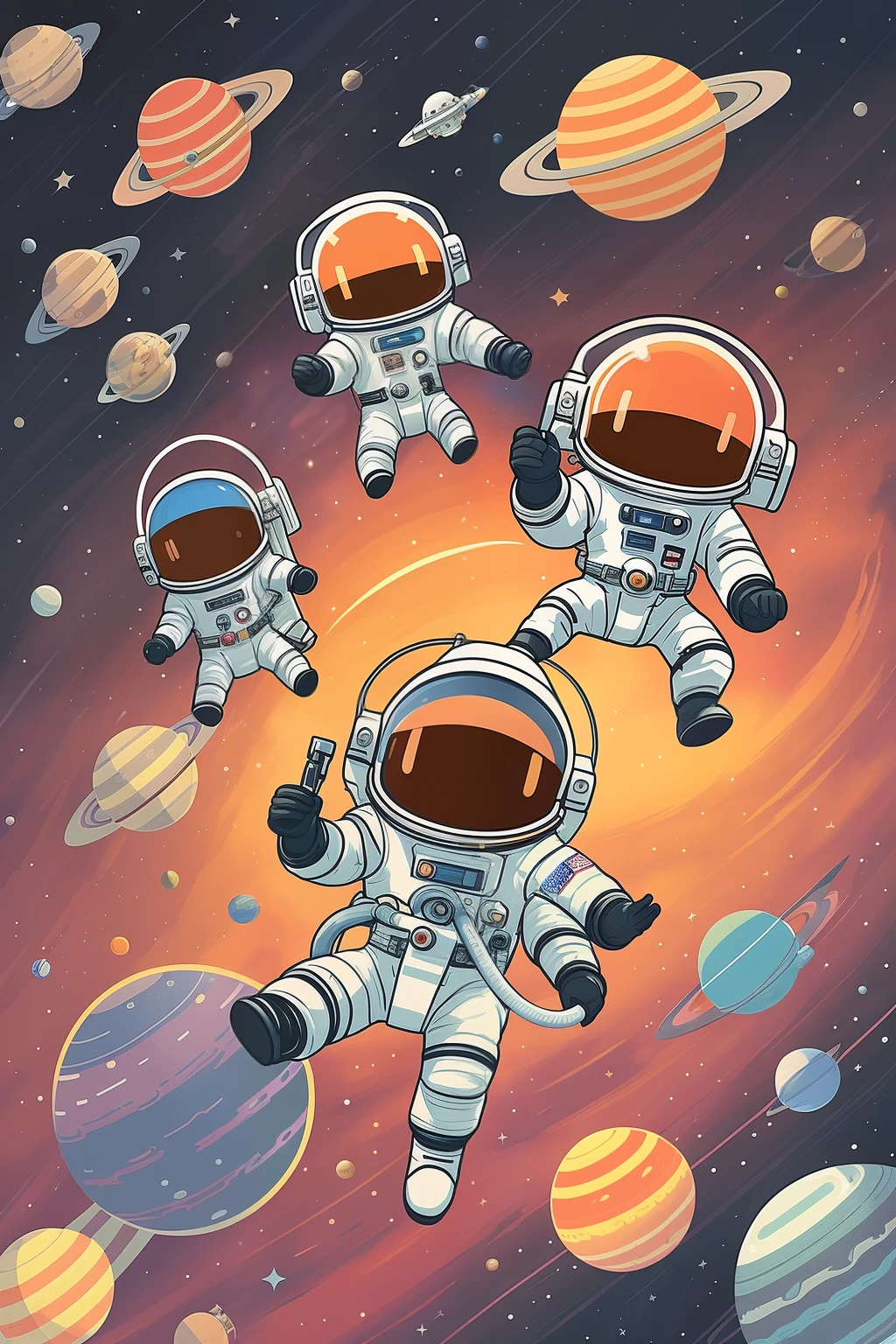 Illustration of three astronauts floating in space surrounded by planets, The astronaut, Little astronaut, Space travelling, Just a joke, Floating in outer space, spacewalk, floats in space, space travel, floating beside planets, outerspace, cute astronaut sticker art, space walk scene, the space, In space, background artwork, in outer space, space art, floats in space