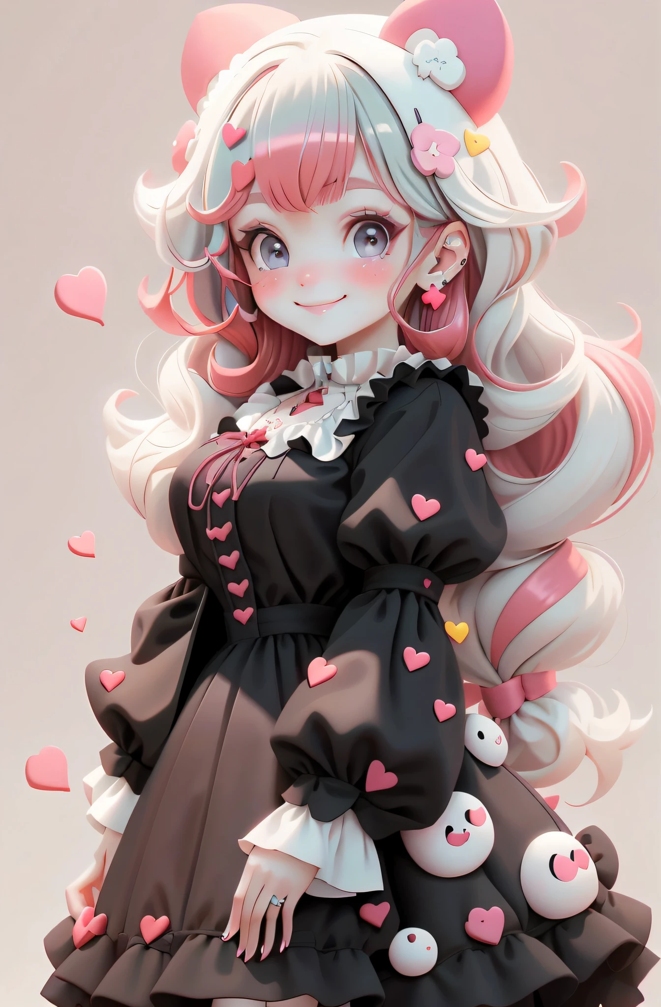 girl,Gothic,lolita whore,Black dress with pink heart,eBlue eyes,red hair clothing,Detailed body,small,Smiling,Flying,white backgrounid