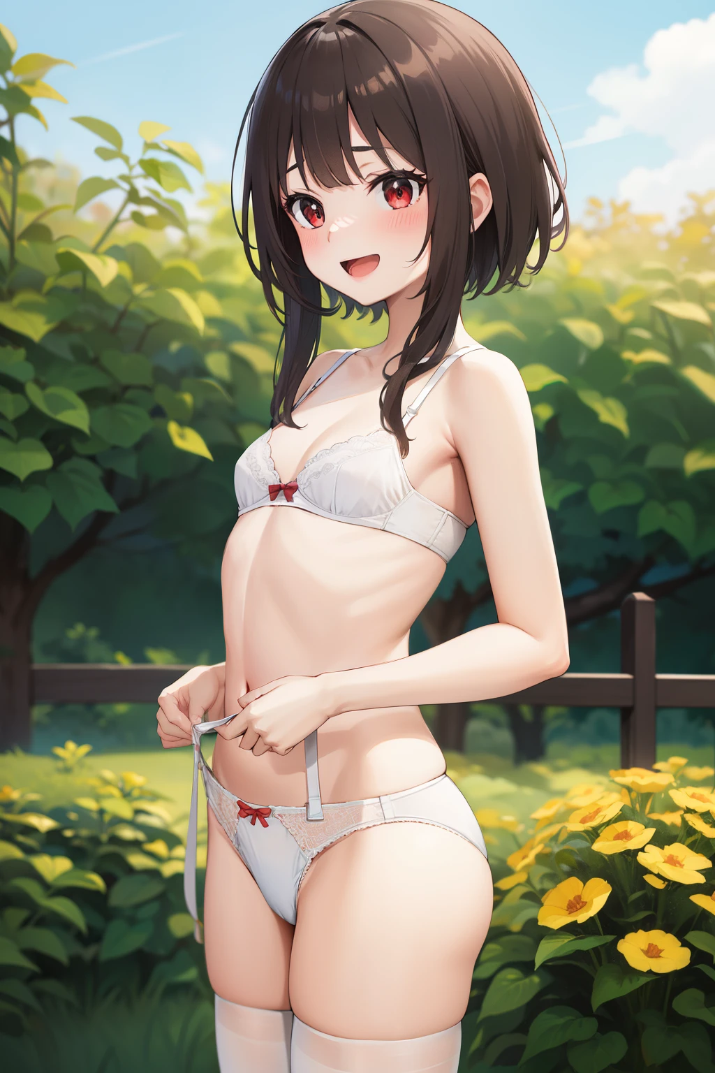 masterpiece, best quality, highres, aarurutie,1girl, white bra, white tight panties, white suspenders and stockings. standing, garden, smile, red blush, , open mouth, megumin_konosuba:1}, short_hair, brown_hair, red_eyes, black_hair,****, small breasts,