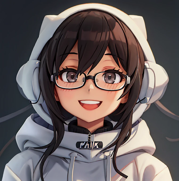 smiling girl, Hoodie, big headphone, nerdy, Black-rimmed glasses