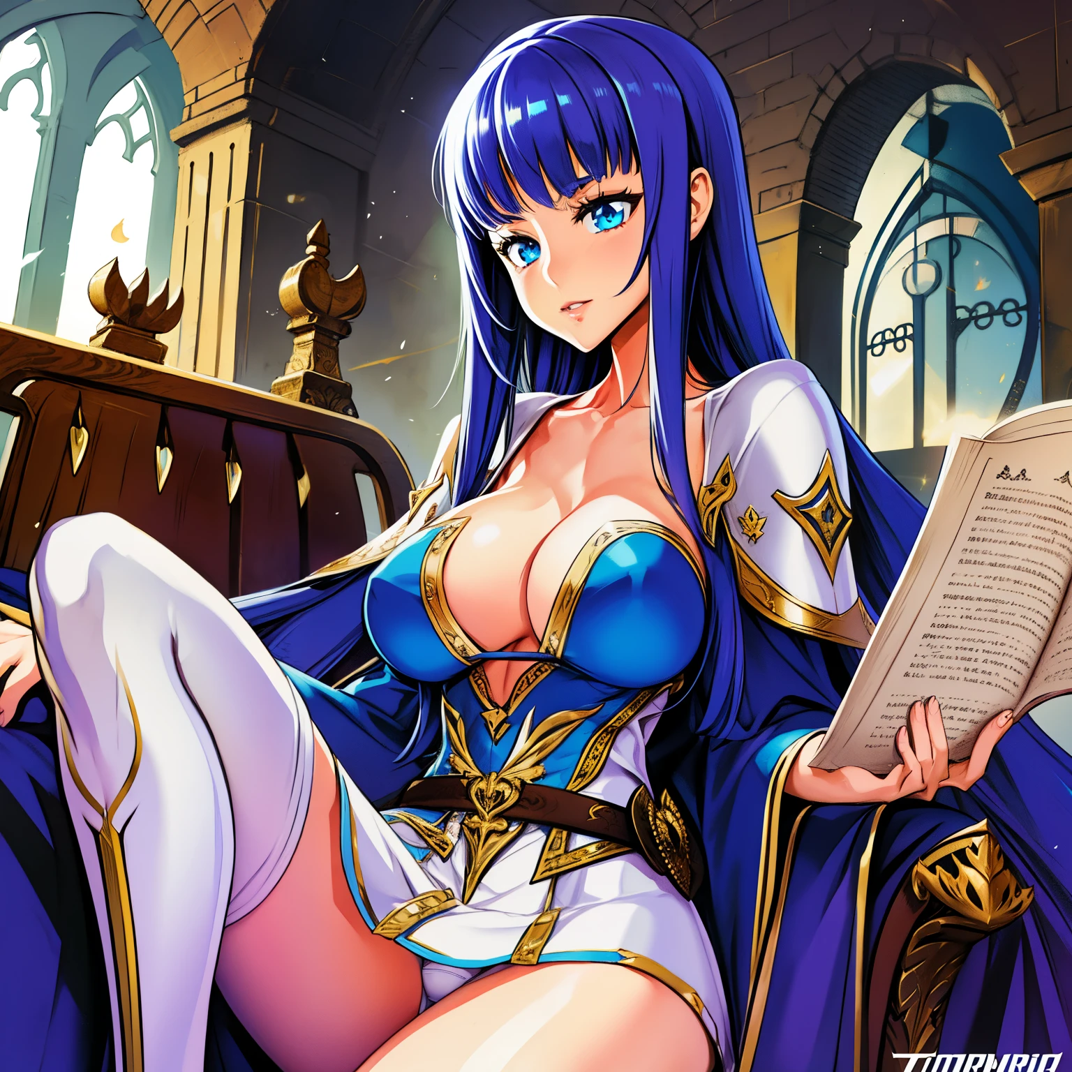 Girl. A world of swords and sorcery. Sitting in a chair, reading. White underwear. The bangs are cut in a straight line to the side. Miniskirt. Opening the crotch. Knee-high socks. Big tits.