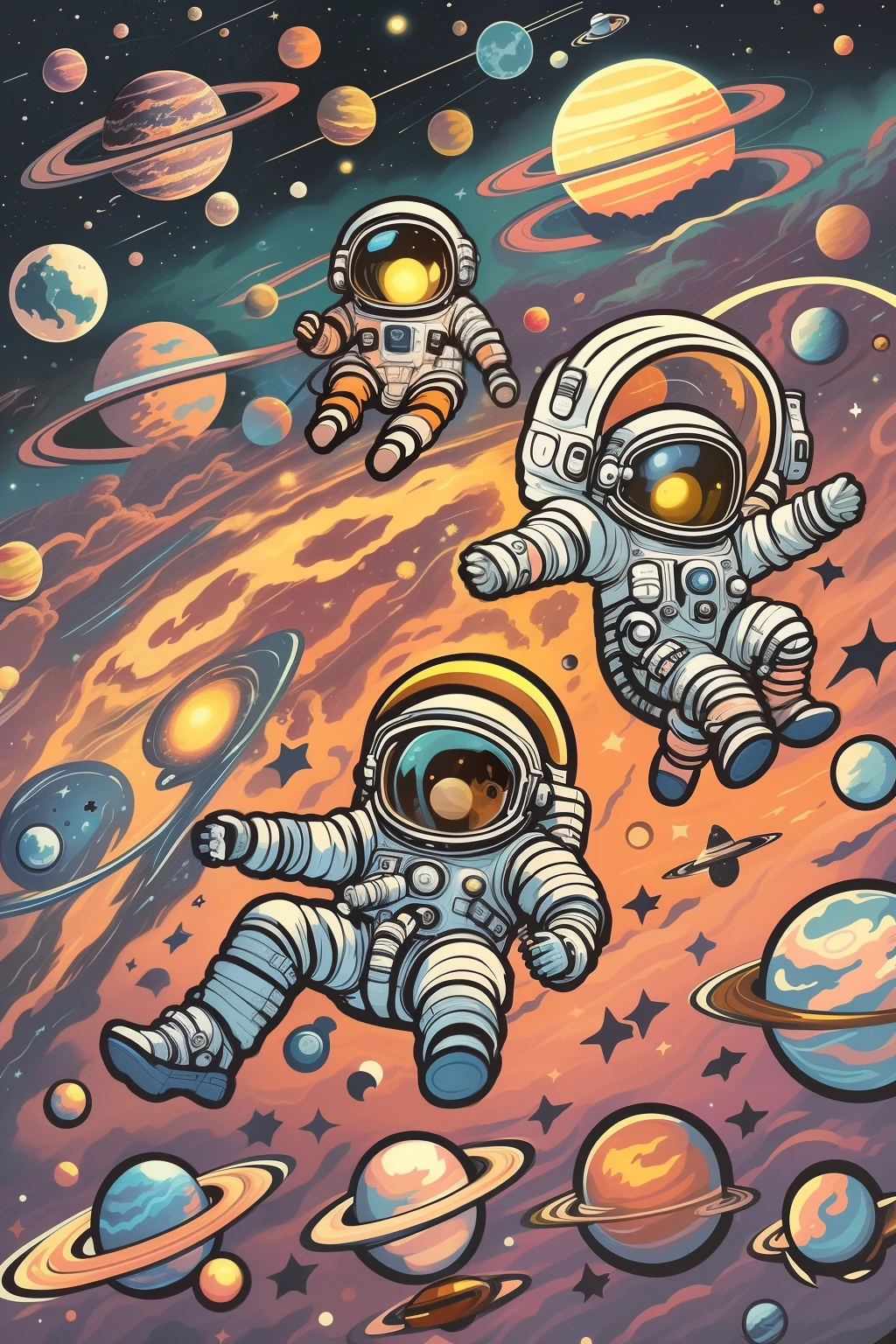 Illustration of a group of children in space with planets, Little astronaut, Artistically, space library artwork, Fantasy space, space themed, space dream, Children's book illustration, Infinite Astronomy Library, space fantasy, colorful kids#39;book illustrations, Children's book illustration, In space, Dressed in stars and planets, Deep space exploration!!!, in the space, Space travelling