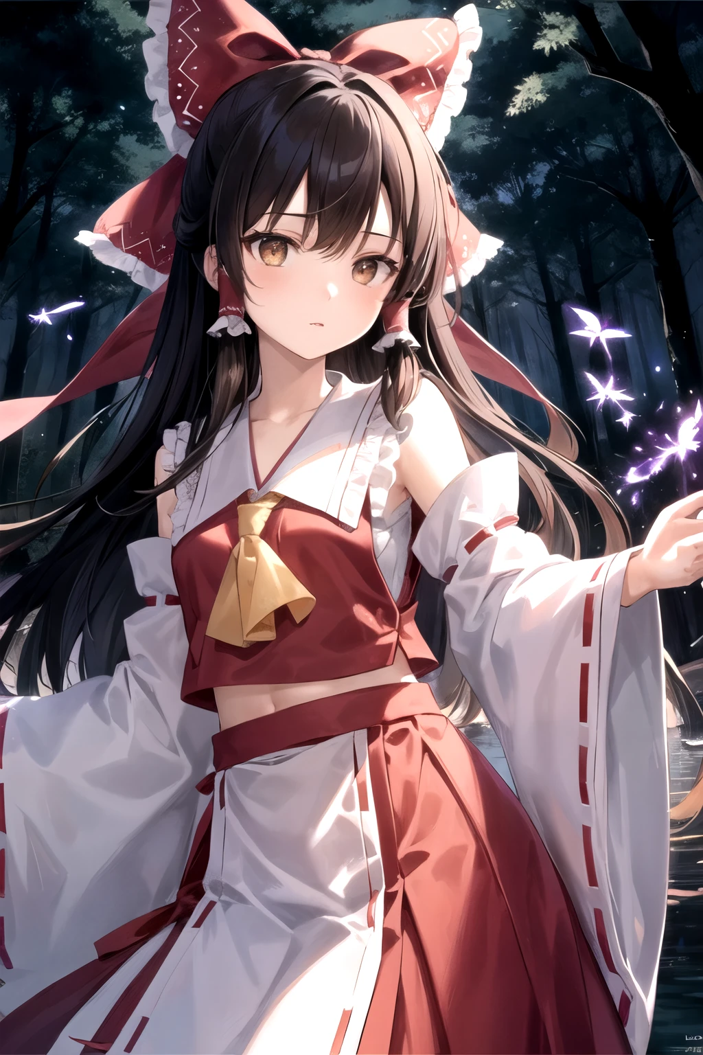 detailed background, masterpiece, best quality, 1girl, hakurei reimu, brown hair, hair tubes, hair ribbon, brown eyes, nontraditional miko, a forest full of purple and white trees, fireflies, water, purple theme, white theme, mystical, magical,
glowing eyes