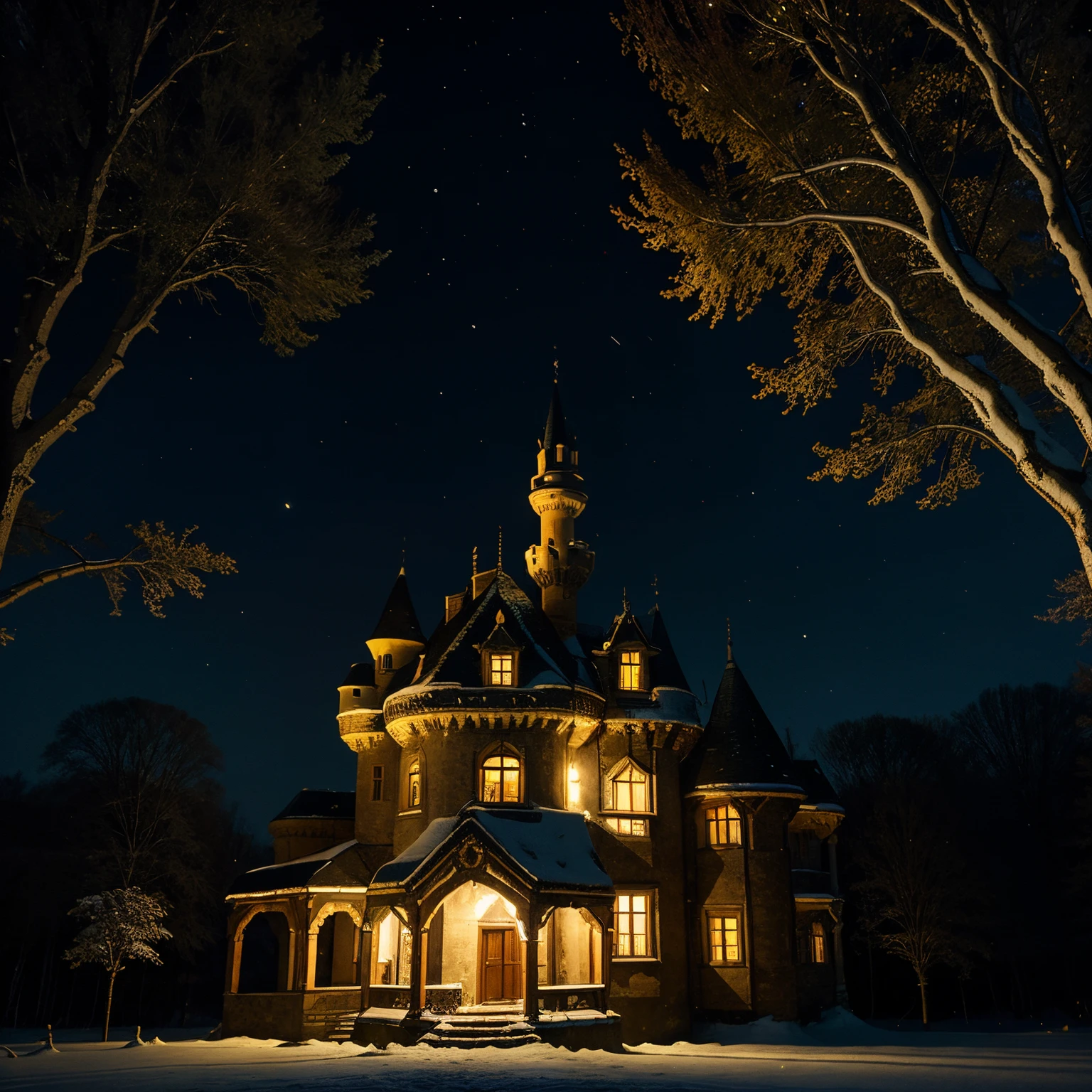Fairytale castle in the forest, the night, moon and stars, the snow sparkles. It&#39;s warm in the windows, Yellow light.