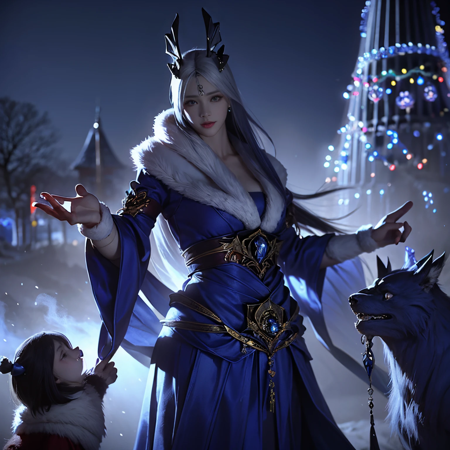 1femele、Slender beautiful figure、make friends with big monsters、.超A high resolution、An ultra-high picture quality、8K、Wonderful expression with attention to detail、they are enjoying the party together、Santa Claus Costume、Night party background with christmas tree、