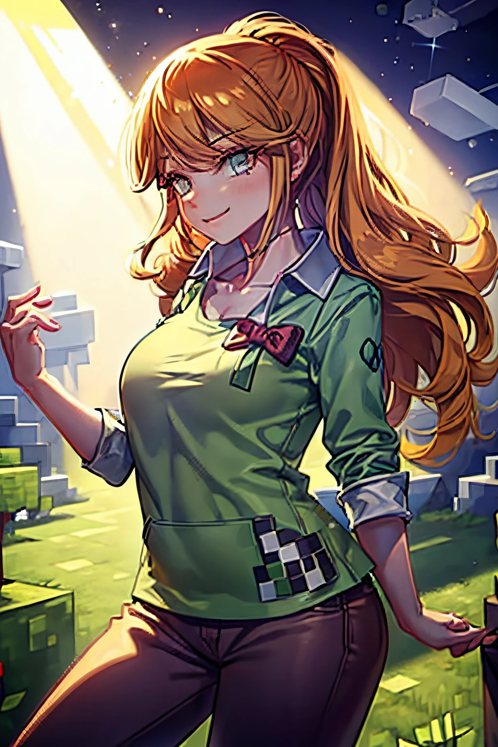 Minecraft mundo cuadriculado Mina estilo minecraft ((Alto detalle, La mejor calidad, 4k, Obra maestra, Disco duro:1.3)), 1girl, solamente, girlish, Alex, cabello rosa, Camisa verde, pantalones marrones, Botas grises, Sentarse en la piedra, They are smiling, Risa, cabello largo, cabello rubio