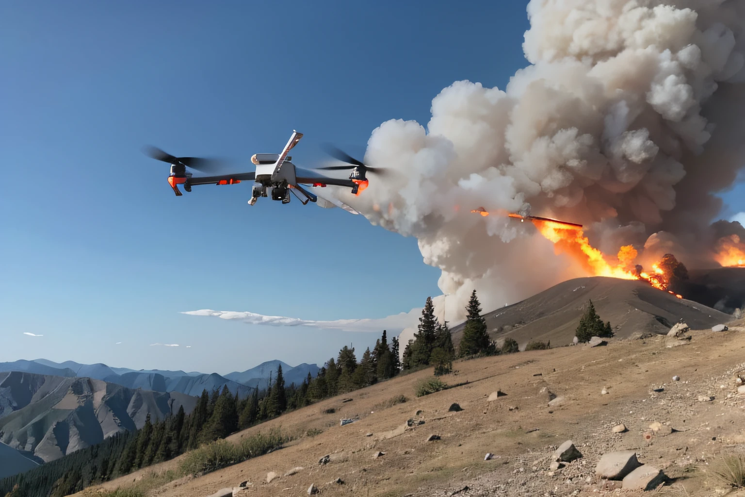 Drone bombing of mountaintop military target，firey, smokes, smokes