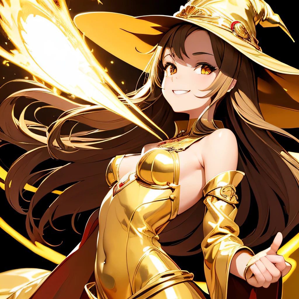 (masutepiece, Best Quality),((Flat color)), 1 girl , Witch Girl, pixiv style, Detailed beautiful eyes, Small breasts, Smile , shiny golden, Metallic Color, Dynamic, Gold Element, glittering golden particles