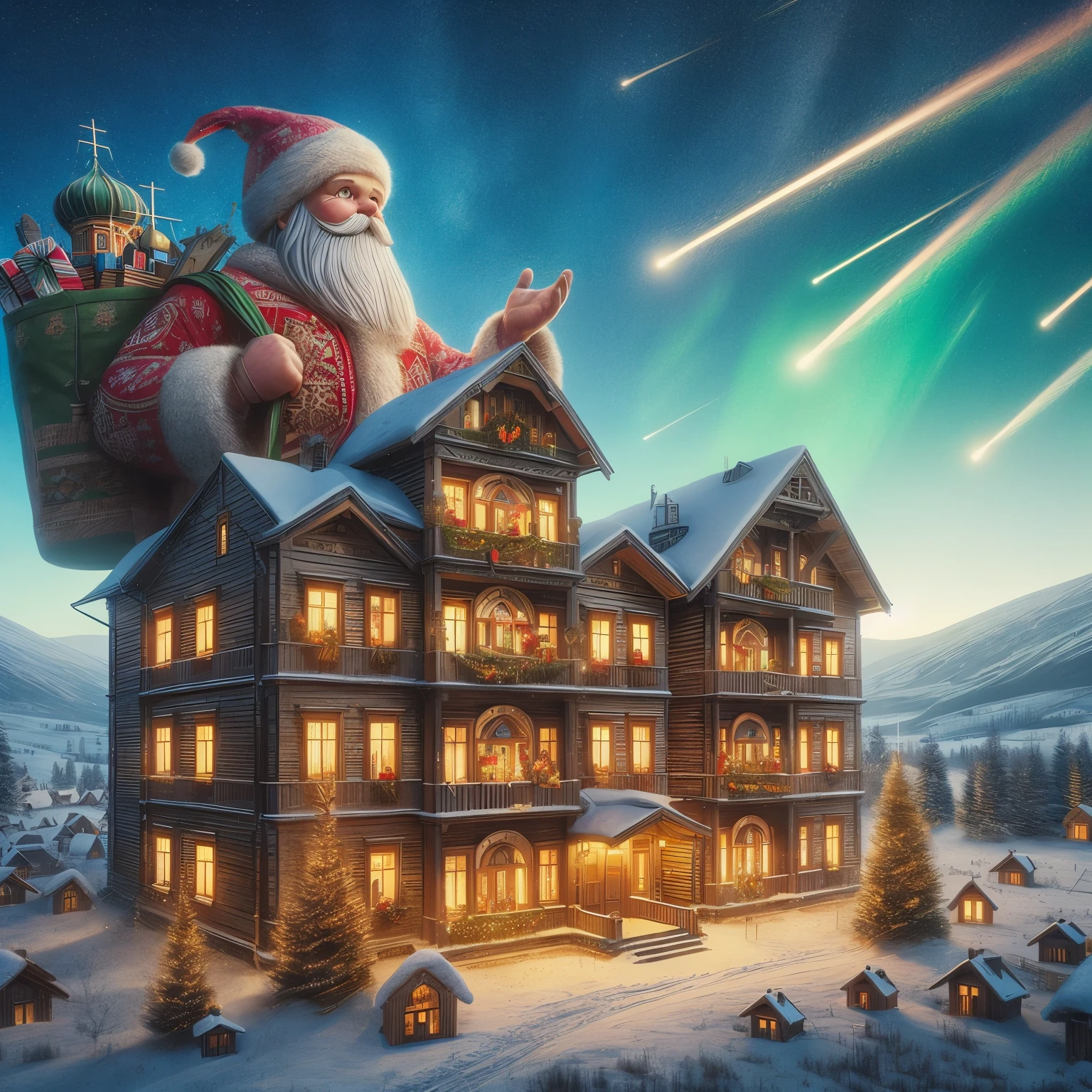 santa claus flying over a house with a bag of presents, by Alexander Kucharsky, 3 d epic illustrations, by Aleksander Gierymski, santa's workshop, by Sven Nordqvist, a hyper realistic, rolands zilvinskis 3d render art, in style of kyrill kotashev, by Franz Hegi, best on adobe stock, santa