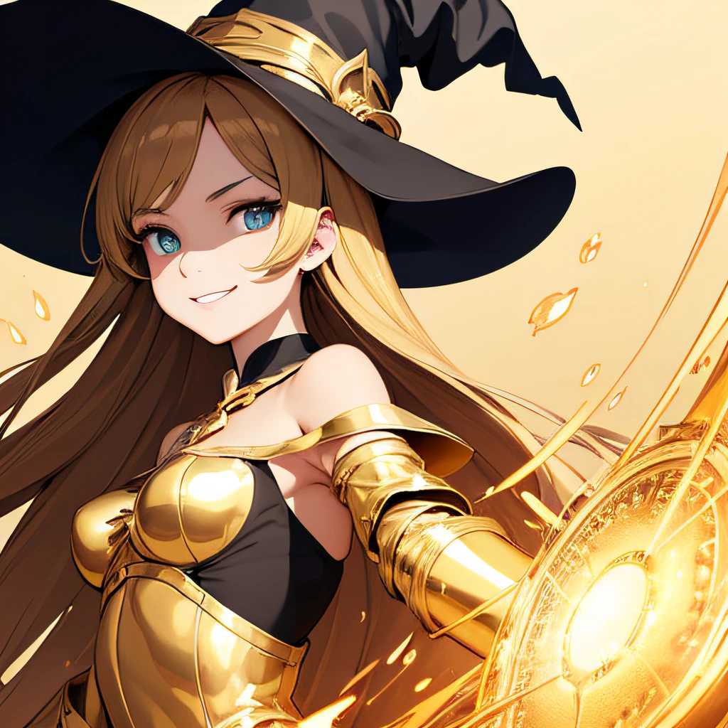 (masutepiece, Best Quality),((Flat color)), 1 girl , Witch Girl, pixiv style, Detailed beautiful eyes, Small breasts, Smile , shiny golden, Metallic Color, Dynamic, Gold Element, glittering golden particles