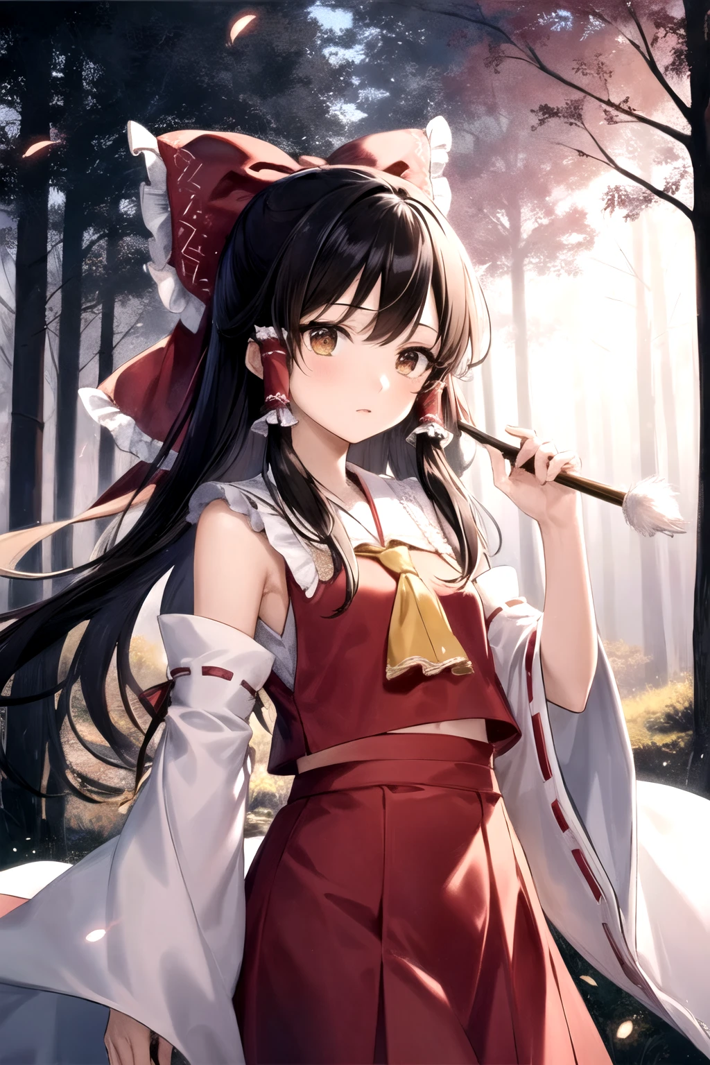 detailed background, masterpiece, best quality, 1girl, hakurei reimu, brown hair, hair tubes, hair ribbon, brown eyes, nontraditional miko, a forest full of purple and white trees, fireflies, water, purple theme, white theme, mystical, magical,