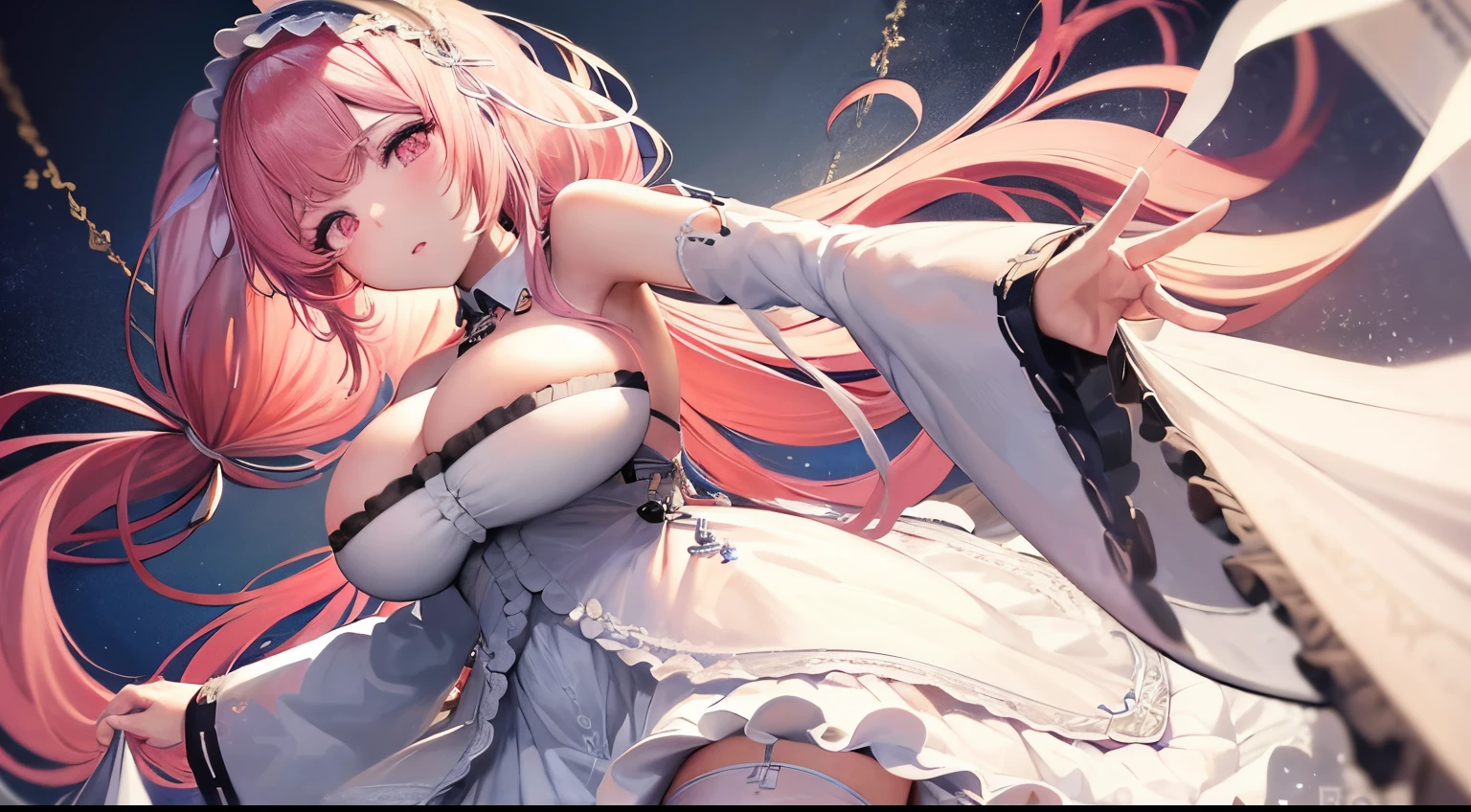 perseusorigin, whithe _dress, angel_wings, white_legwear, high detail, symmetrical, azur lane, masterpiece, best quality, 1girl, solo, white hair, long hair, looking at viewer, large breasts, same eye colour, wedding dress, outdoors, bridal veil, long dress, white dress, hoop skirt, clover
