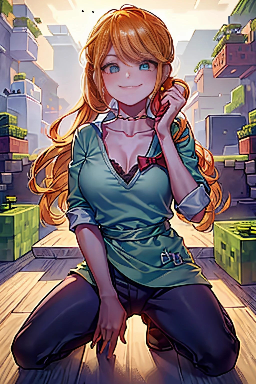 Minecraft mundo cuadriculado Mina, playa, bosque, pueblo, estructura cuadrada estilo minecraft ((Alto detalle, La mejor calidad, 4k, Obra maestra, Disco duro:1.3)), 1girl, solamente, girlish, Alex, cabello rosa, Camisa negra, falda roja, Botas grises, Sentarse en la piedra o madera, They are smiling, Risa, cabello largo, cabello rubio