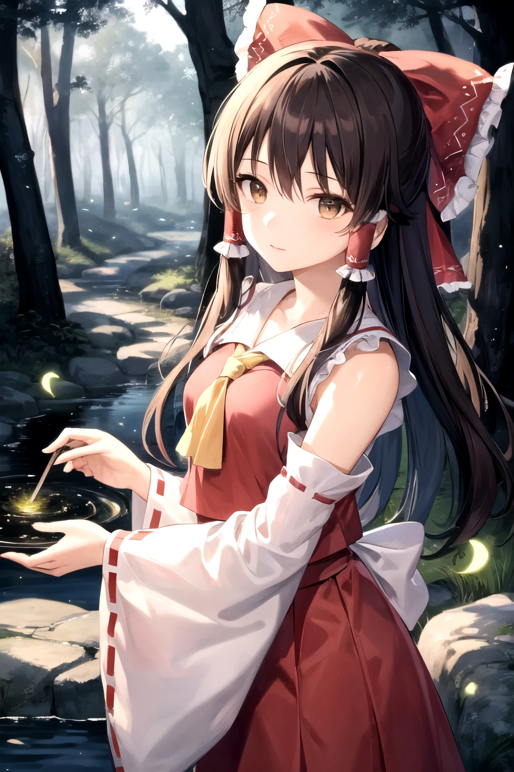 detailed background, masterpiece, best quality, 1girl, hakurei reimu, brown hair, hair tubes, hair ribbon, brown eyes, nontraditional miko, a forest full of purple and white trees, fireflies, water, purple theme, white theme, mystical, magical,