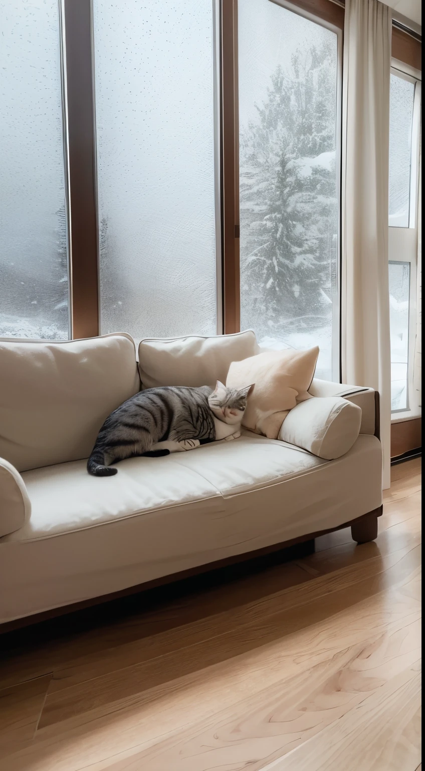 On a cloudy day, a cat curled up on a single sofa next to the floor-to-ceiling window. There heavy snow falling outside the window. The indoor light dim and realistic, with many details.