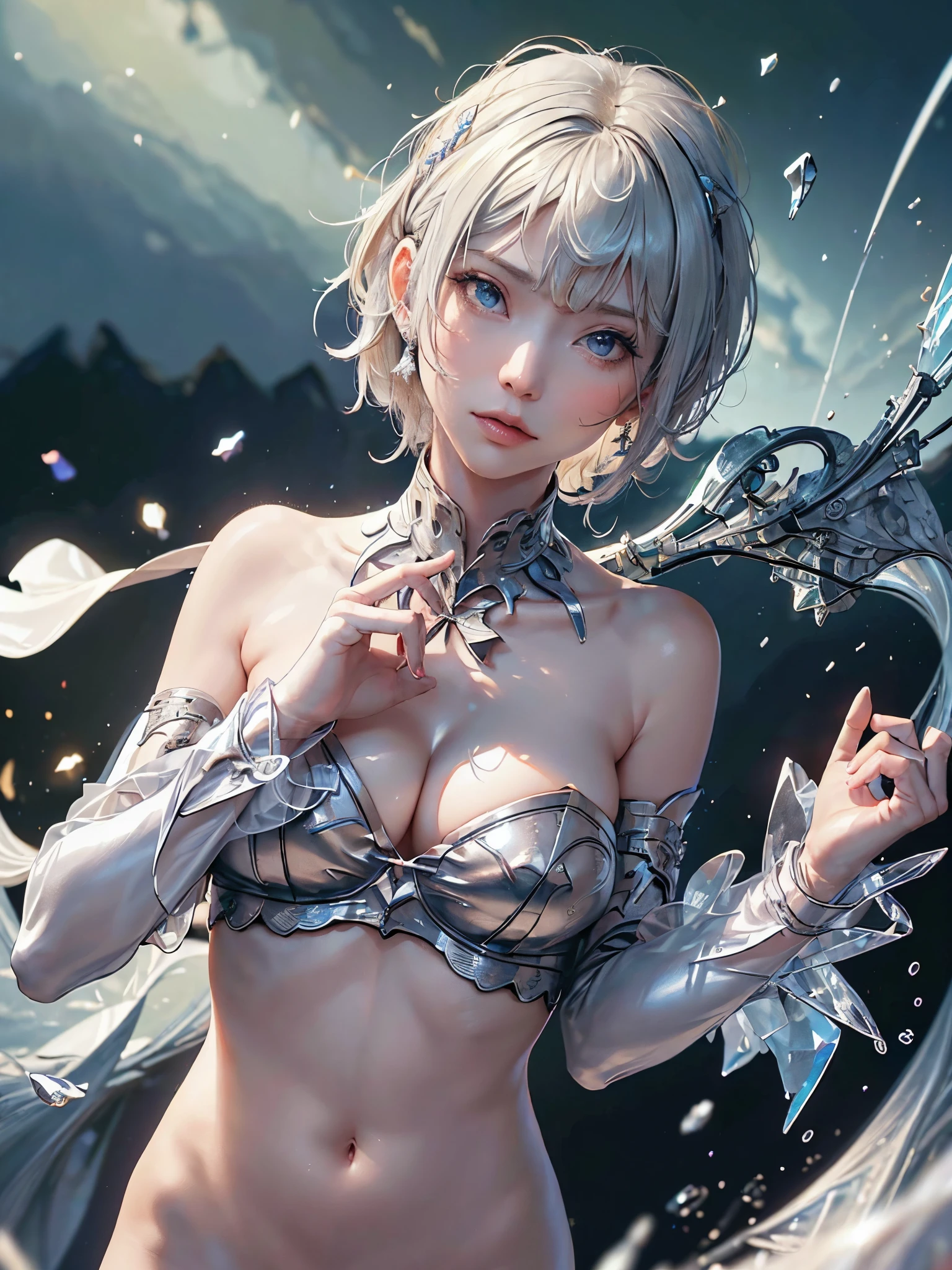 (( (tmasterpiece),(Very detailed CG Unity 8K wallpaper),(bustshot:1.5), best qualtiy,cinmatic lighting,Photorealsitic, 细致背景,Beautifully detailed right pupil,(Very fine and beautiful),(Beautiful and detailed eyes description),ultra - detailed,tmasterpiece,hight resolution)), Richly decorated armor, a beautiful woman warrior, Shorthair, Platinum Blonde Hair, cleavage of the breast, (Perfect Anatomy:1.2)