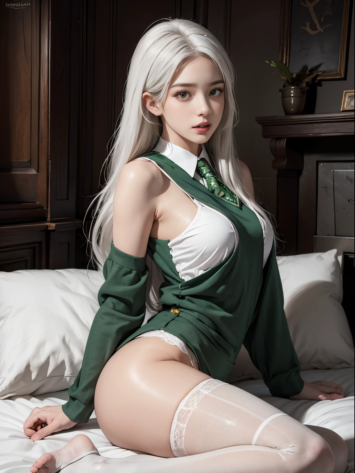 Photorealistic, high resolution, 1womanl, Solo, sit on pillow, turn back, show her butt, view the viewer, (Detailed face), Hogwarts uniform, hogsks, Slytherin,blackstockings, white thong, ancient bedroom,