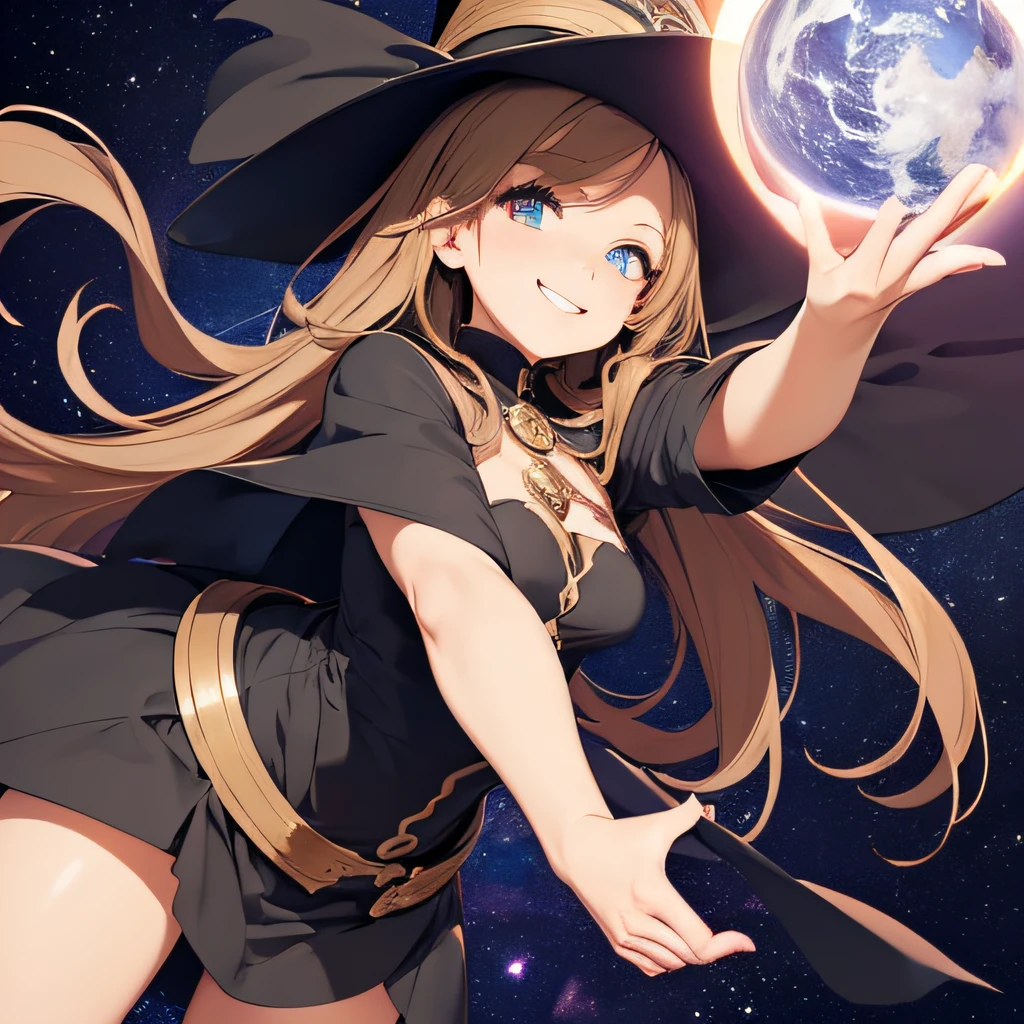 (masutepiece, Best Quality),((Flat color)), 1 girl , Witch Girl, pixiv style, Detailed beautiful eyes, Small breasts, Smile , earth colors, Dynamic Posing, earth element, Gaia