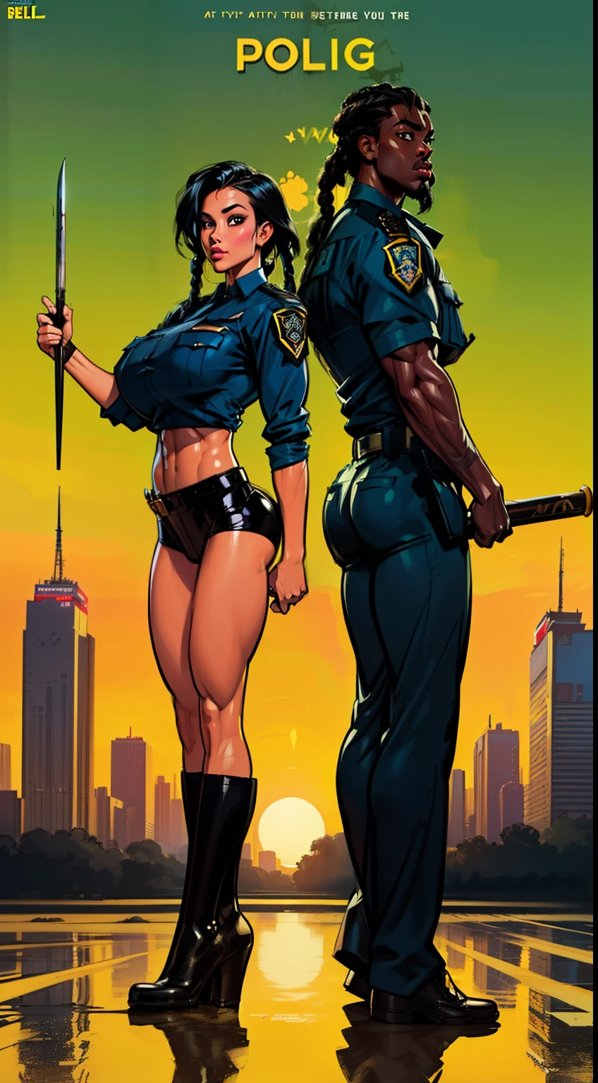 cover art for the buddy cop film, 80s movie posters, dynamic duo of a female and male police officer, standing back-to-back against a neon-lit cityscape backdrop, vibrant colors, african woman, dreads, (dreads:1.4), colored skin (black skin:1.2), wearing a revealing police uniform, midriff exposed, wielding a baton, pump boots, uniform too small for breasts, detailed eyes, ((slendered abs )),((huge breastull bodied), wide hipake lips:1.5), muscular (whiteskin:1.1), male police officer, crotch bulge, rugged, hairy chest, and an air of adventure evoke the nostalgic charm of the era, promising an action-packed and entertaining cinematic experience