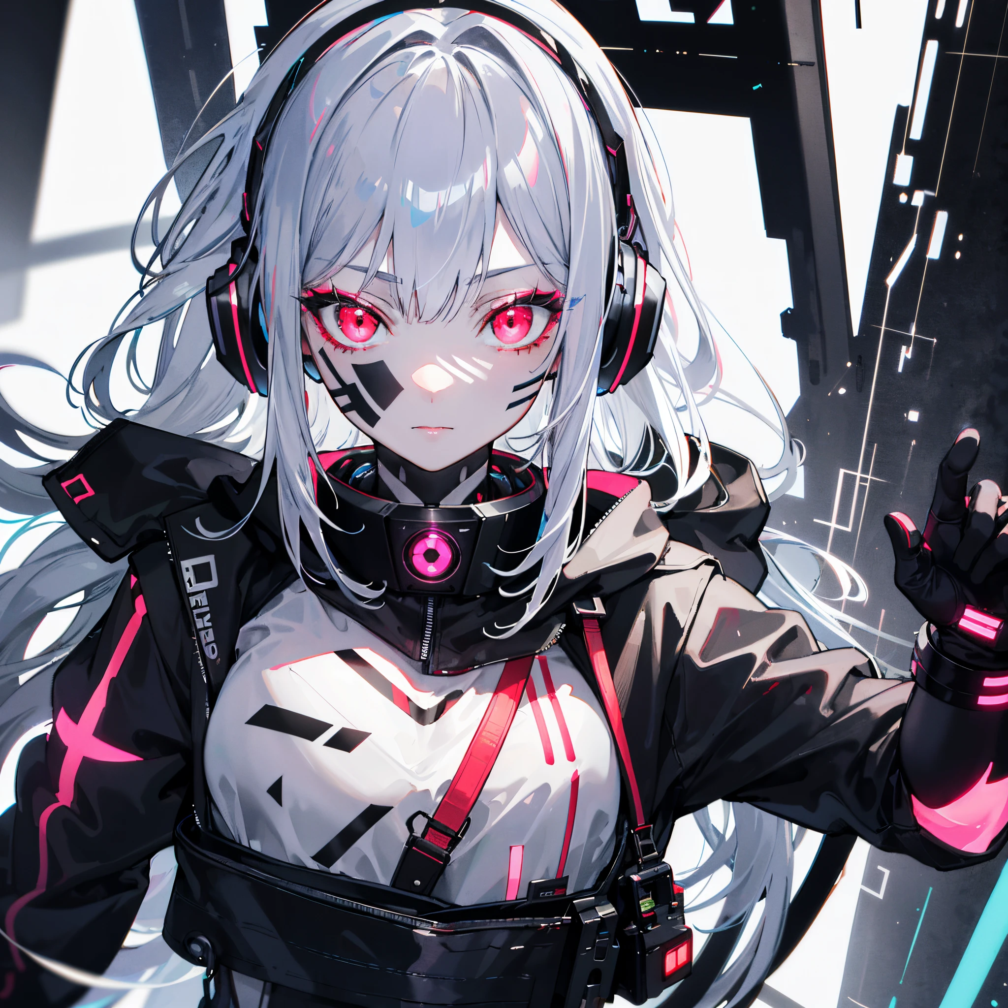 silver hair, headphones, glowing Red eyes, makeup, grafitti face, wearing sci-fi jacket, cyberpunk, anime style, high detail, Futurism, glowing light, UHD, retina, masterpiece, ccurate, anatomically correct, textured skin, super detail, high details, high quality, award winning, best quality, highres