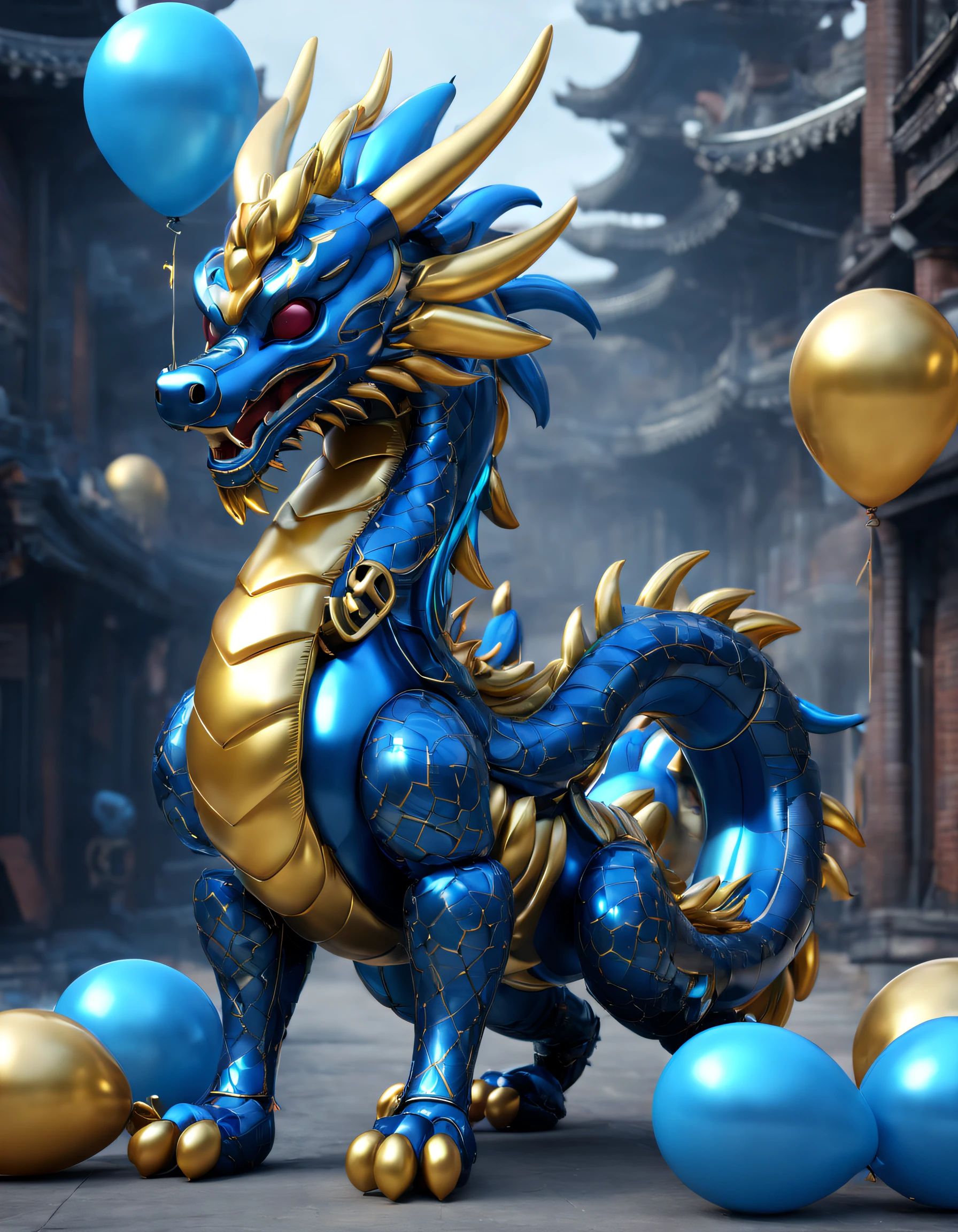 (balloon art design),(Balloon animal design),(Chinese dragon made of blue and gold balloons),cyber punk personage,Complex and gorgeous CG style, hyper detailed 3d render,, c4d, Rendered by Octane, Blander, 8K, k hd, com mascot,