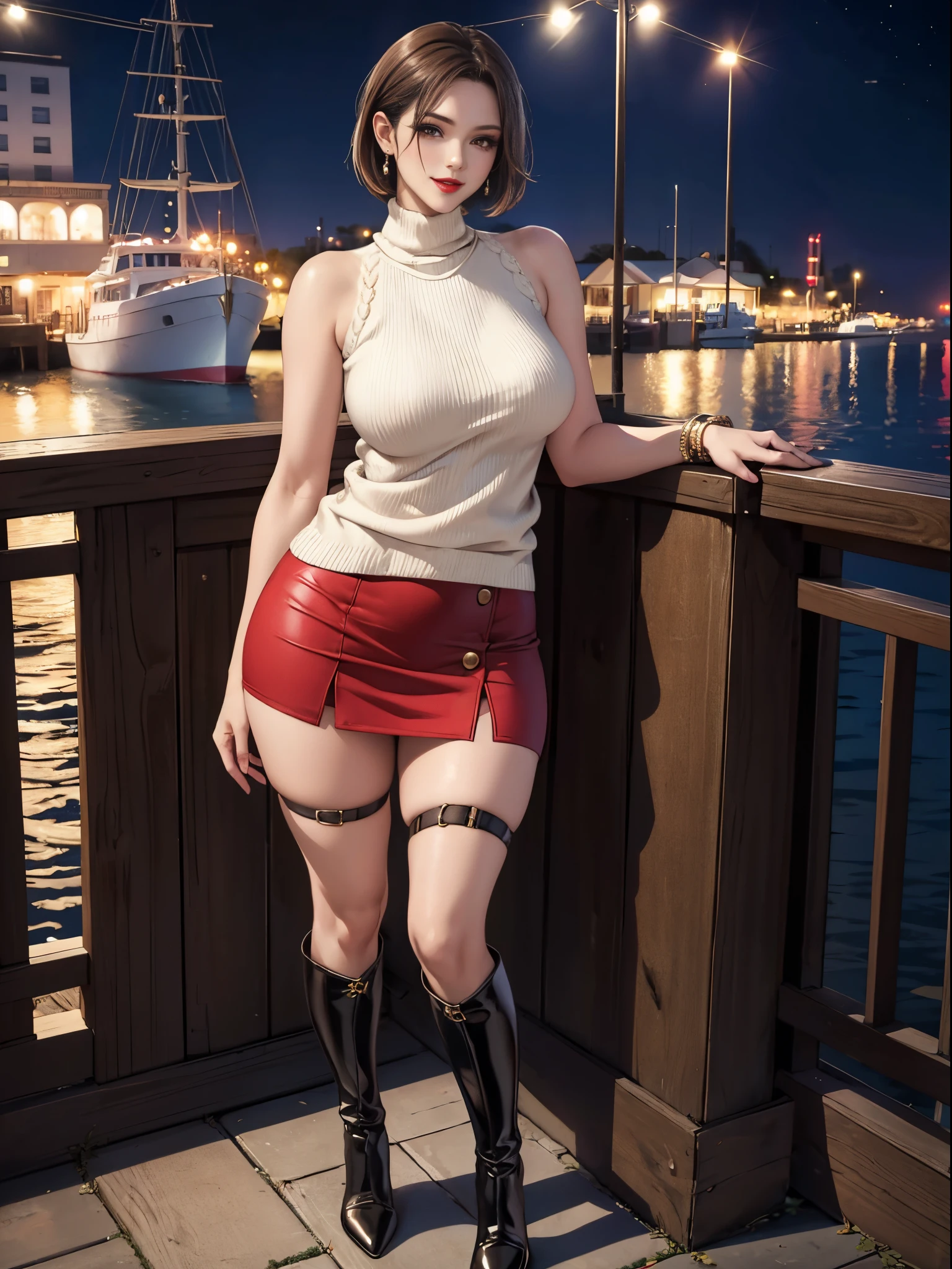 ( Brunette short bob)、Three matured females、Ultra realistic 8K, flawless,tall,(Red Lip,Heavy makeup), Small breasts:1.0、Slender hip、Tall、Earring、Standing in the port at midnight、Nikon Z 85mm, ((Best Quality)) ,((masterpiece)), intricate detailes,Extremely delicate and beautiful, ((Sleeveless sexy sweater、Mini skirt)):1.4、(Strapless long boots with high pin heel):1.2、Full body shot:1.0、Sexy smile