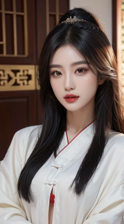 ChineseGirl，Clothing during the Han Dynasty，embroidery，cabelos preto e longos，黑The eye，lipsticks，Delicatemakeup，Exquisite facial features in front of the camera，8K，Best Picture Quality，high high quality，