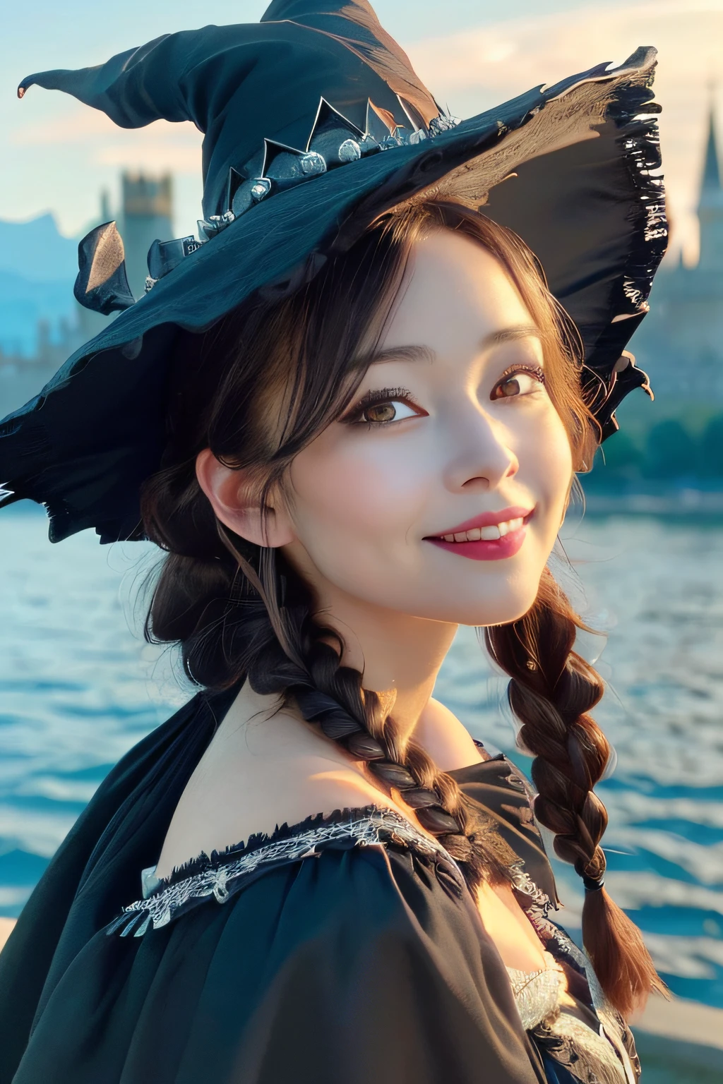 (Fantasy Art:1.3),(Grimm fairy tale world),(Portrait of a witch with a magic wand:1.3),(ringo),(Cinderella's Castle in the background:1.3),(((victorian gothic dress:1.3))),(((worn by a black witch,large hat:1.3))),Cute and beautiful girl,Cute round face,Cute smile,with blush cheeks,Red Lip,(silver white hair,Floral braided headband,half up、Floral Braided Space Van,Voluminous Fishtail Braids,Twisted chignon,),(Bangs are see-through bangs),hair pin,hair adornments,detailed clothes features,Detailed hair features,detailed facial features,(Dynamic angles),(Dynamic and sexy poses),Cinematic Light,(masutepiece,top-quality,Ultra-high resolution output image,depth of fields,intricate detailes,Make the subject look three-dimensional with the contrast of light and shadow,) ,(The 8k quality,Anatomically accurate facial structure,),(Sea Art 2 Mode:1.3),(Image Mode Ultra HD,)