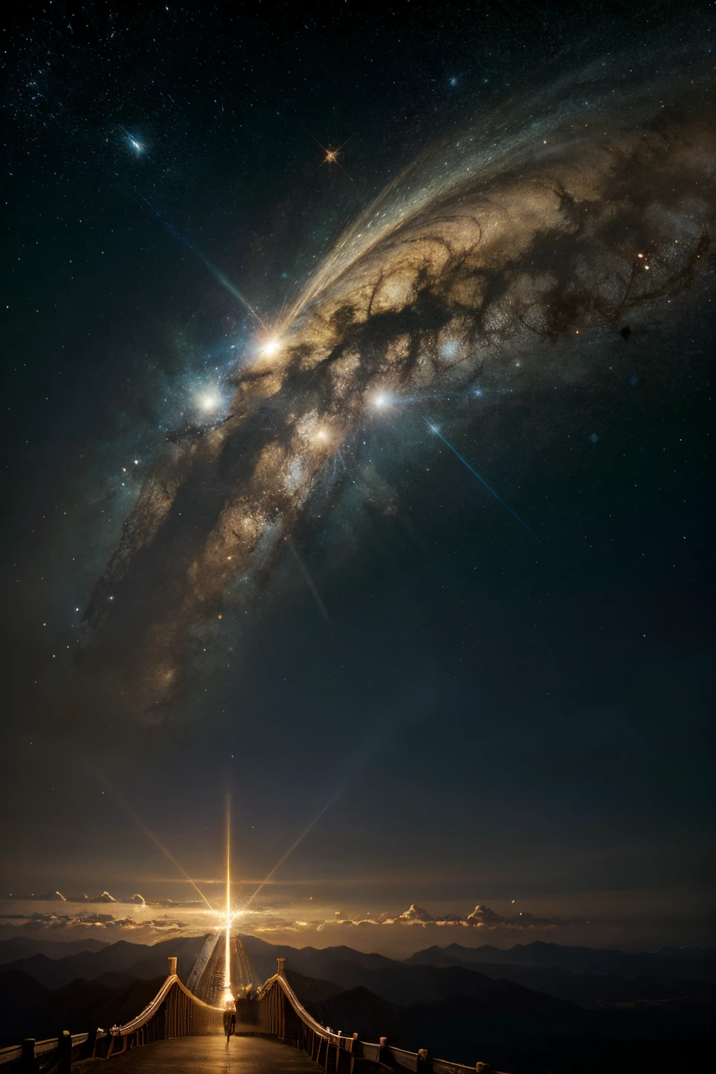 "Imagine a celestial landscape where heaven and earth merge, Represents the relationship between God and man. In the center of the scene, a book that represents the bible. Runt, Hands raised in prayer radiate energy and light, Cast a dazzling light into the sky. These beams become bridges beyond the impossible, Connected to the twinkling stars. This image depicts the power of prayer as a bridge between our humanity and divine possibility, indicate, on the road of faith, It can#39;t be just a door that can be opened."