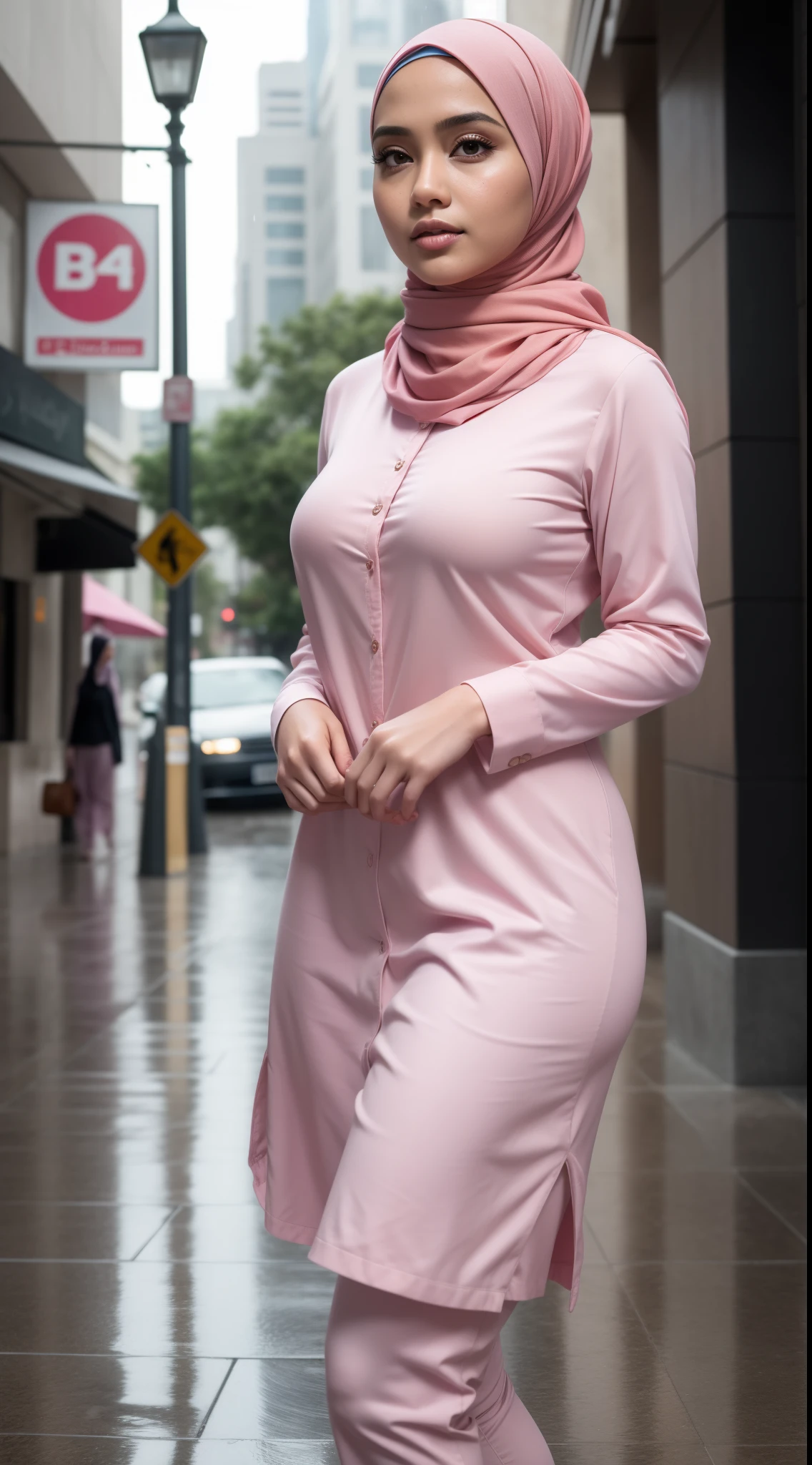 (masterpiece), best quality, realistic, photorealistic, highly detailed, highly detail face,malay girl in hijap, fullbody,beutifull face, solo,1girl, wearing pink_shirt, wearing hijab, long hijab, big boobs, bangs, walking, city, rain,bakeh