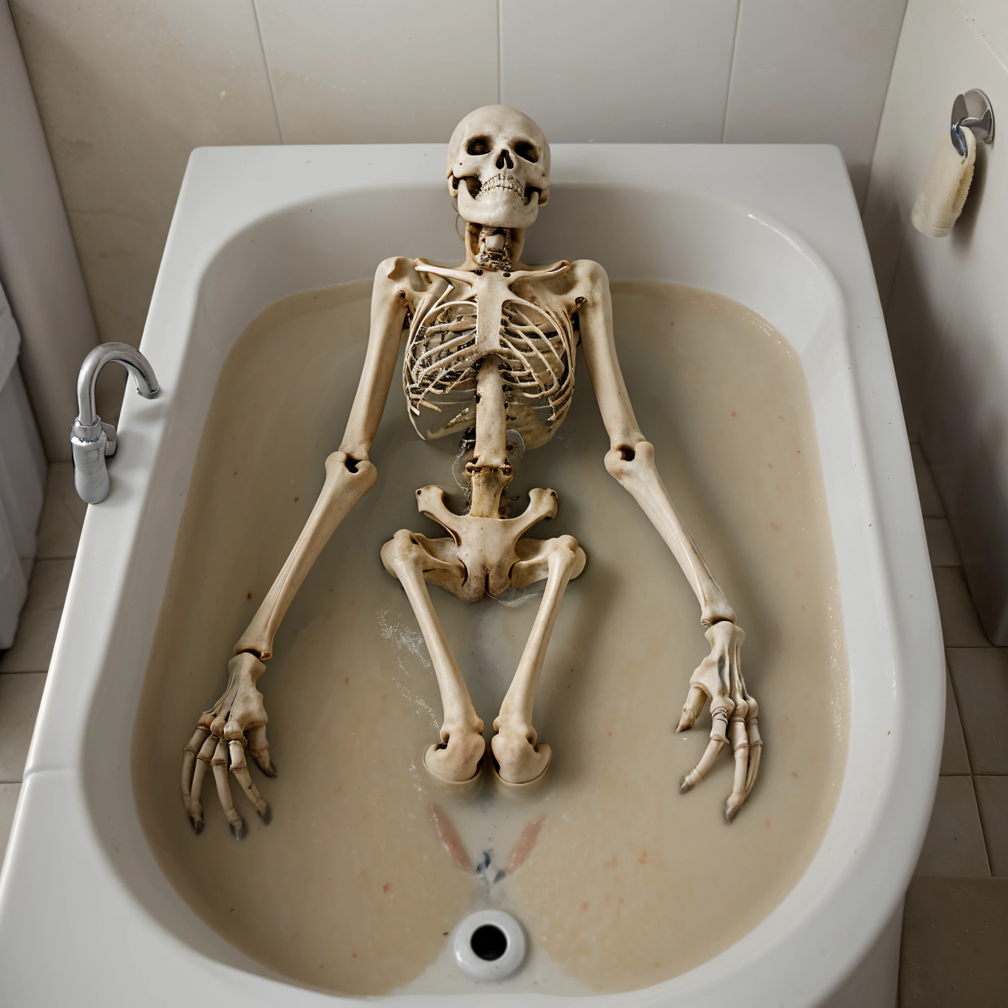 A skeleton inside a bathtub, view from above, and there  more dirt around in the bathroom