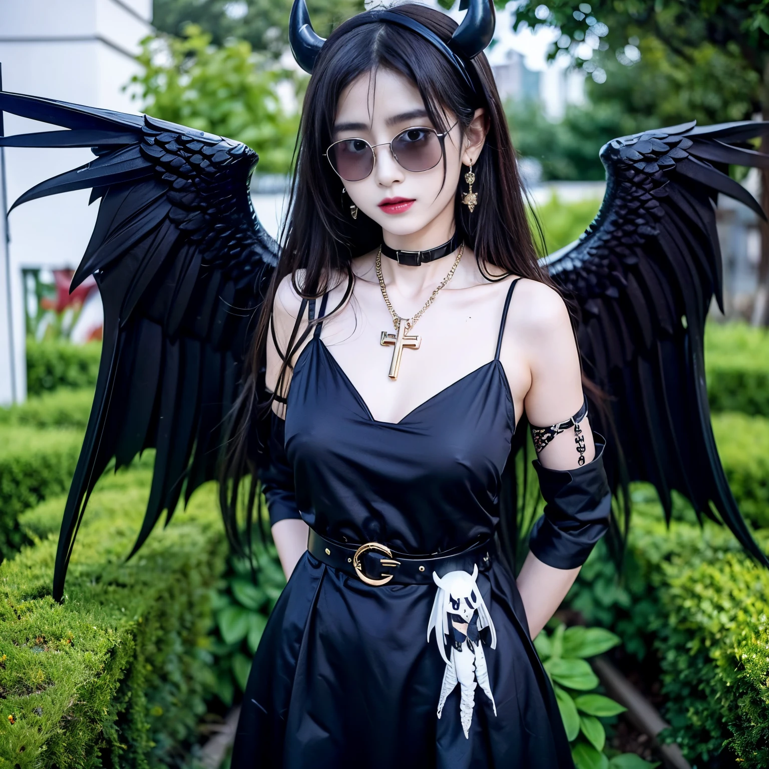 sunglasses, 1 girl with jesus, black dress, wings, black wings, angel, halo, demon horns, standing on the garden, choker, midget, super villain, stand, look at the viewer, cross necklace, earrings, jewellery, jesus, jesus christ, cross tatto, sunglasses