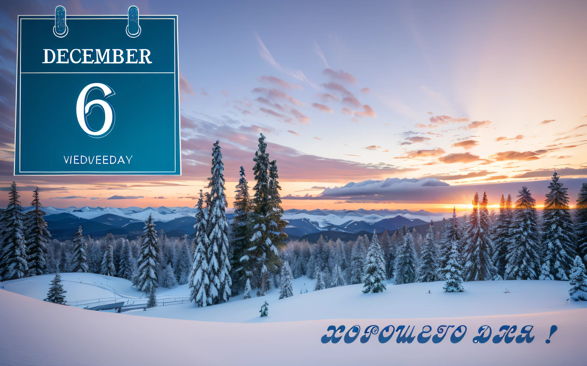 image of a calendar with the date December 6, based on Kono Michisei, Header with logo, In the background there  a beautiful winter landscape with snow-covered fir trees and snow-covered pine trees..., blue sky with clouds, snowing, winter, snow sparkles