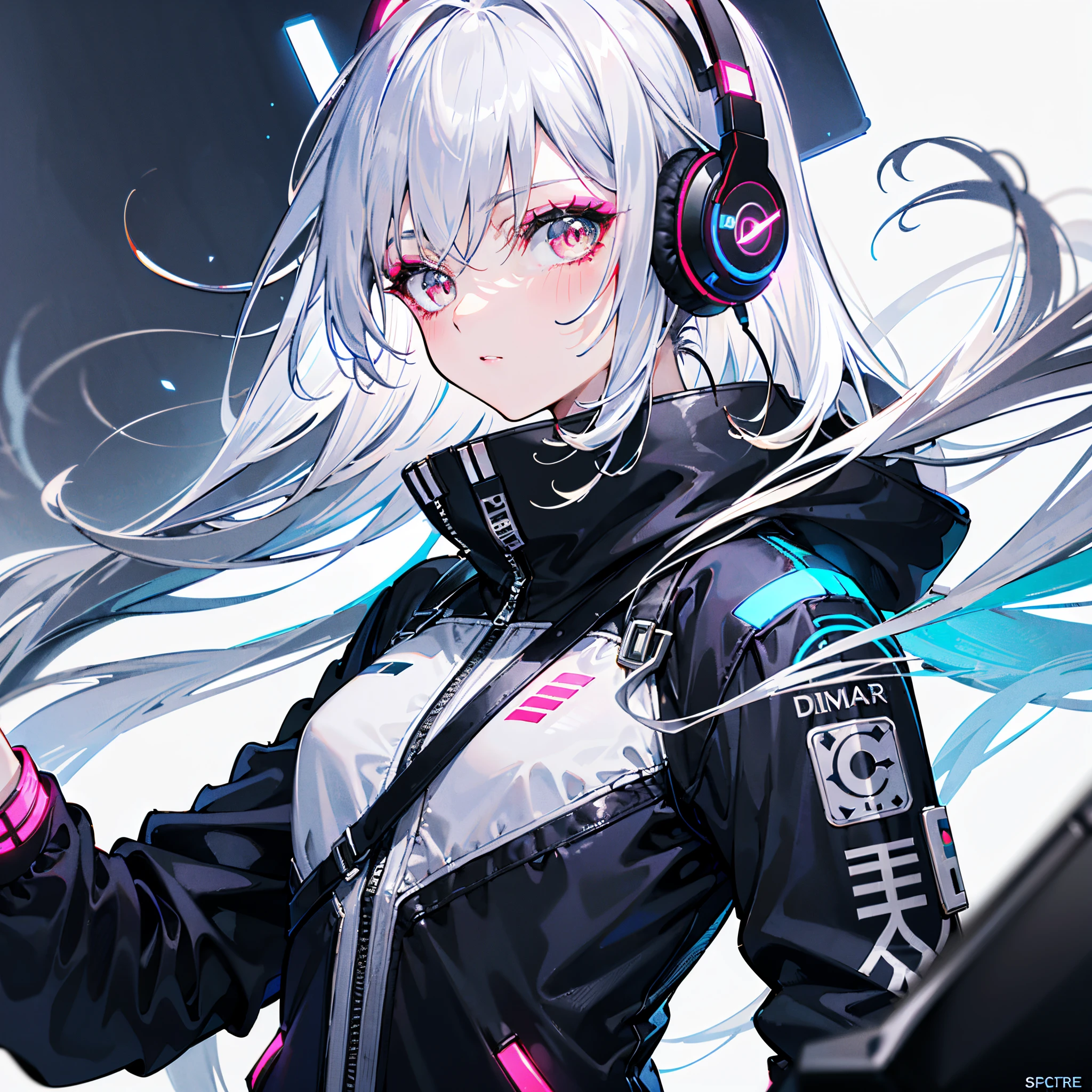 silver hair, headphones, glowing eyes, makeup, wearing sci-fi jacket, anime style, high detail, Futurism, glowing light, UHD, retina, masterpiece, ccurate, anatomically correct, textured skin, super detail, high details, high quality, award winning, best quality, highres