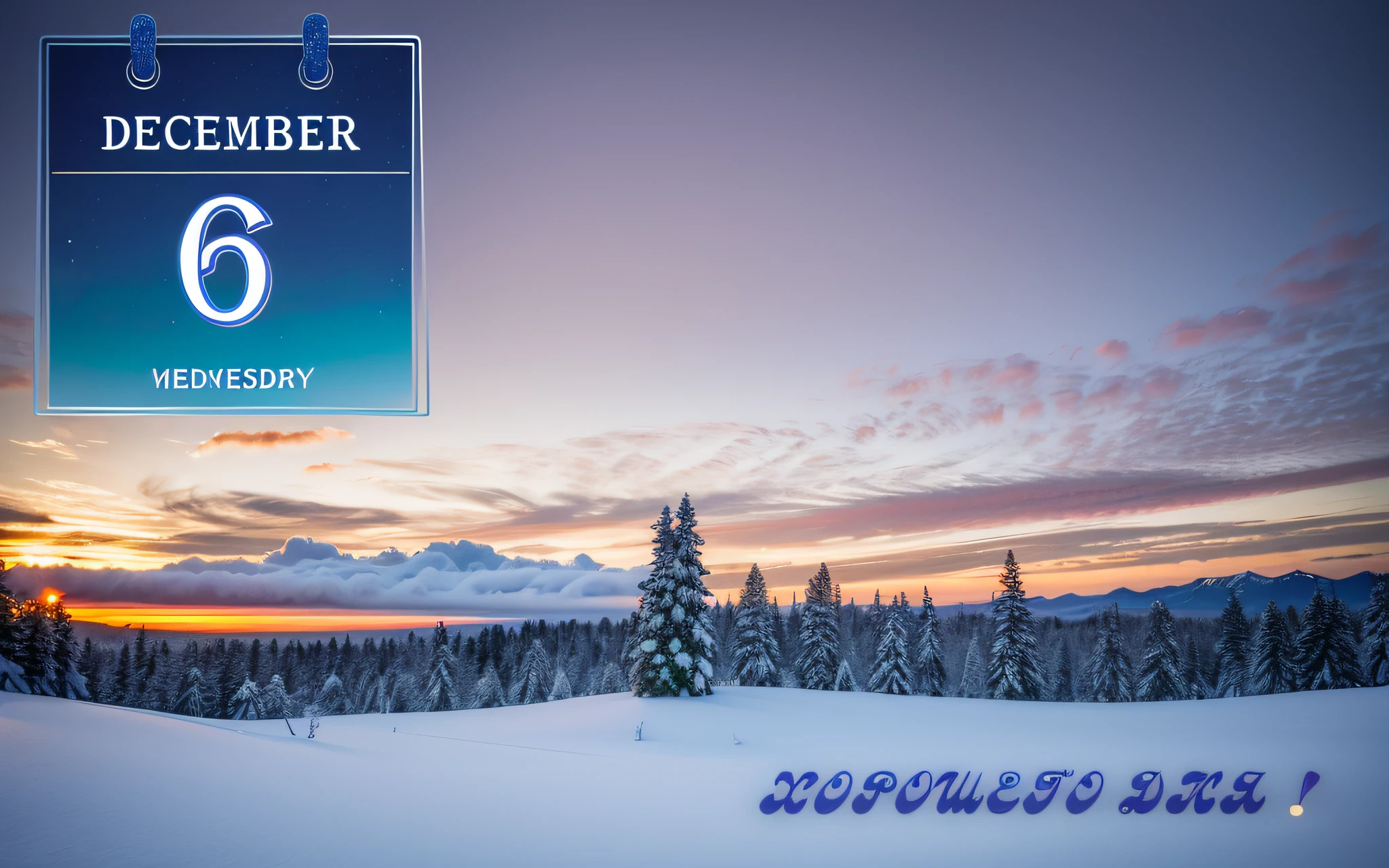 image of a calendar with the date December 6, based on Kono Michisei, Header with logo, In the background there  a beautiful winter landscape with snow-covered fir trees and snow-covered pine trees..., blue sky with clouds, snowing, winter, snow sparkles