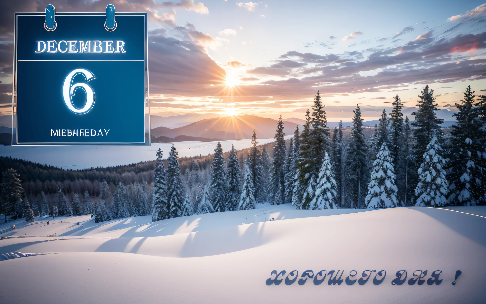 image of a calendar with the date December 6, based on Kono Michisei, Header with logo, In the background there  a beautiful winter landscape with snow-covered fir trees and snow-covered pine trees..., blue sky with clouds, snowing, winter, snow sparkles