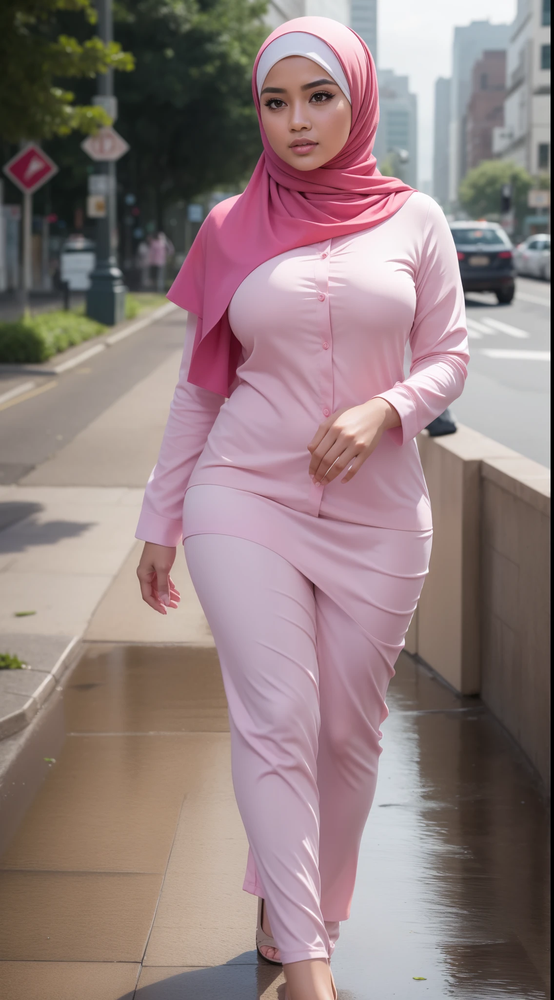 (masterpiece), best quality, realistic, photorealistic, highly detailed, highly detail face,malay girl in hijap, fullbody,beutifull face, solo,1girl, wearing pink_shirt, wearing hijab, long hijab, big boobs, bangs, walking, city, rain,bakeh