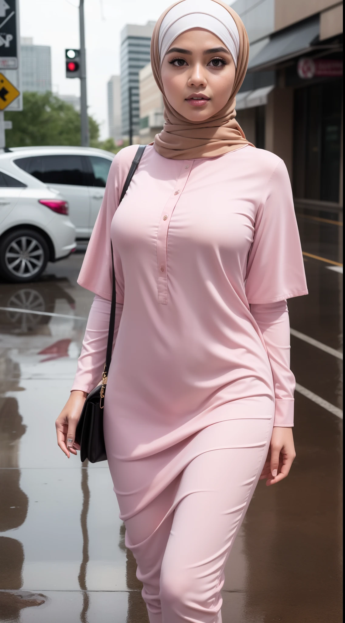 (masterpiece), best quality, realistic, photorealistic, highly detailed, highly detail face,malay girl in hijap, fullbody,beutifull face, solo,1girl, wearing pink_shirt, wearing hijab, long hijab, big boobs, bangs, walking, city, rain,bakeh
