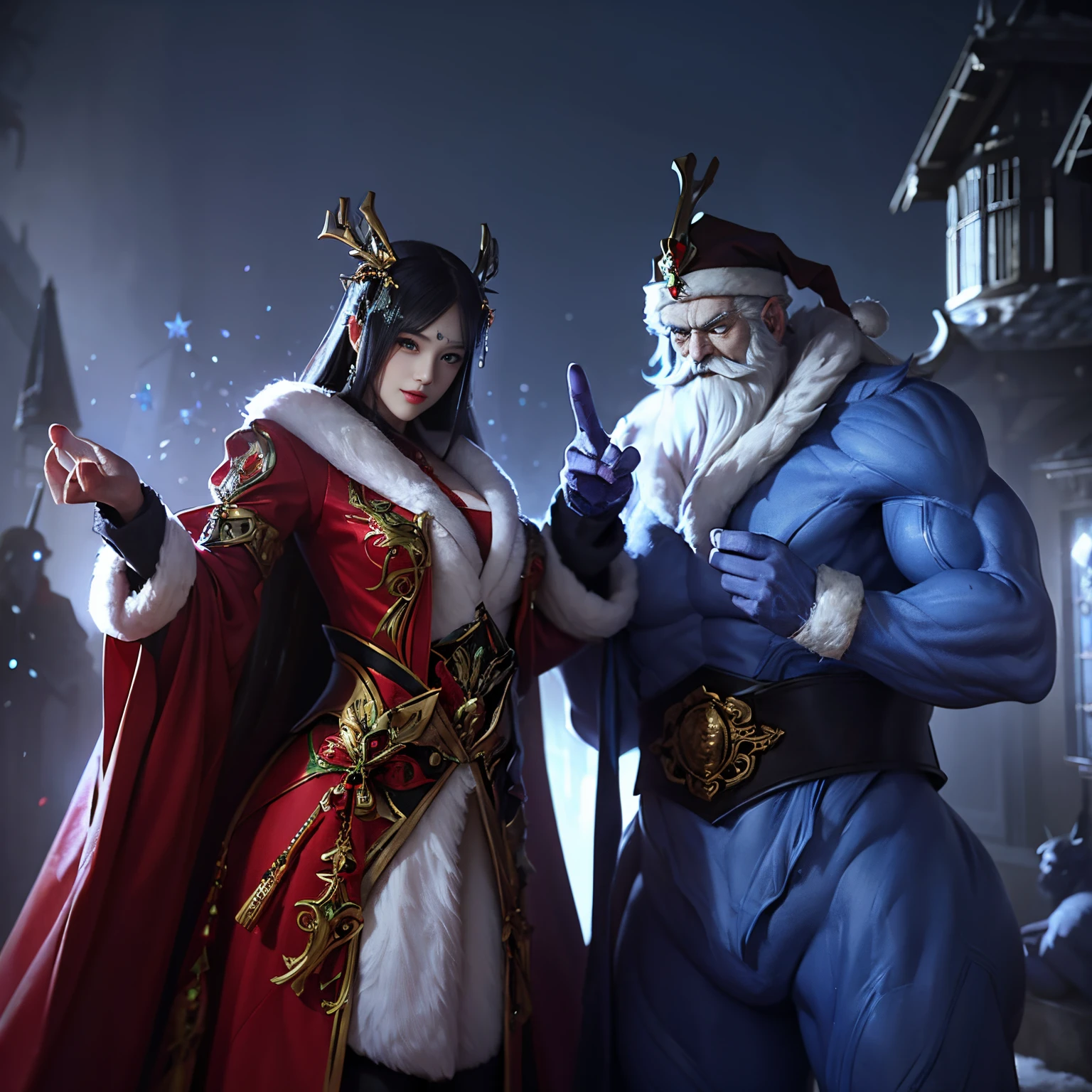 1femele、Slender beautiful figure、make friends with big monsters、.超A high resolution、An ultra-high picture quality、8K、Wonderful expression with attention to detail、they are enjoying the party together、Santa Claus Costume、Night party background with christmas tree、
