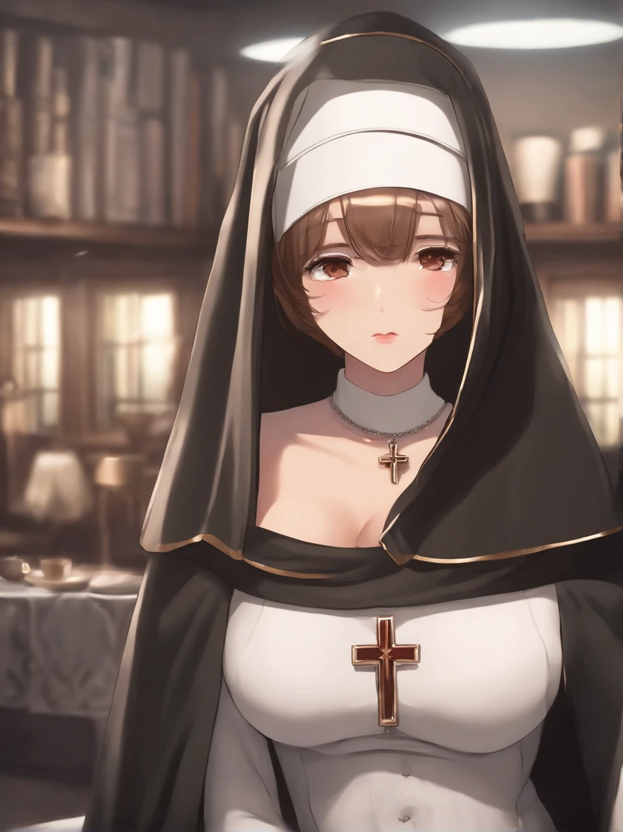 long dark hair / big tits / brown eye / nun outfit . nude tits
