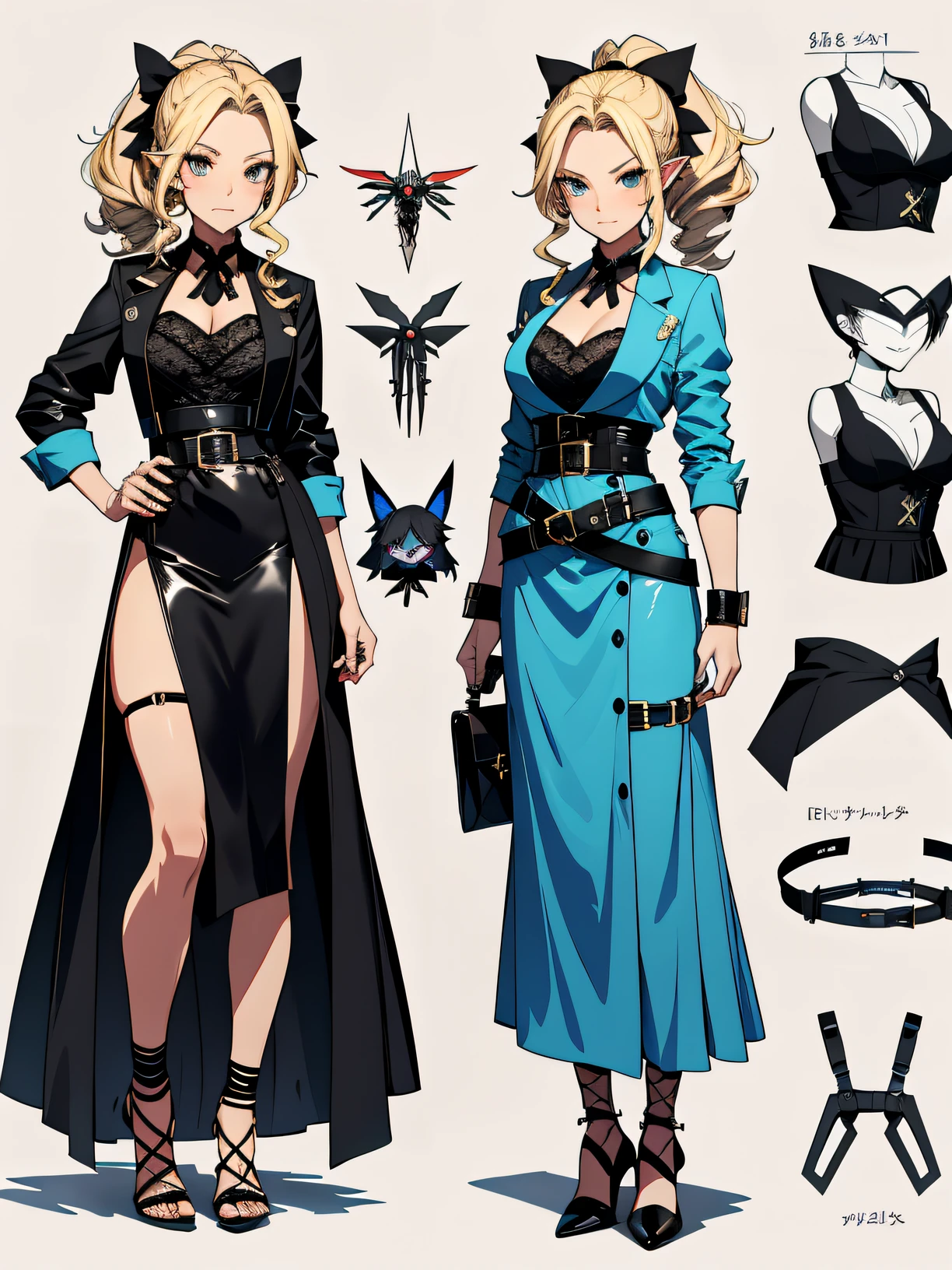 (tmasterpiece)(Best quality at best)(character design sheet,Same character,the street,Lateral face,Take a step back),elf woman,combed blonde hair,curlies,double-ponytail,Black bow,Lace,Bigchest,Bright blue,black short skirt,skirt repair kit,waist bag,safety belt,toolbelt,tools,armour,Black tones,Wear black fishnet socks,high-heels,Hand holding sickle weapon,The color black,short skirt,