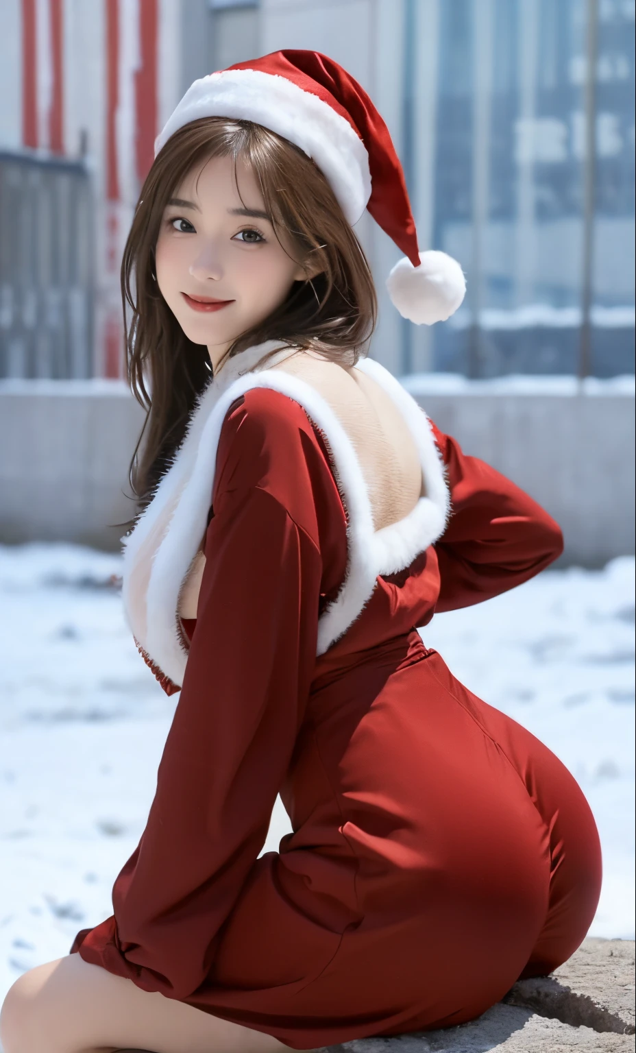 pose for full body photo、Woman in Santa Claus clothes、(top-quality、8K、32K、masterpiece、nffsw:1.2、)foco nítido:1.2、Beautiful Women in Perfect Style:1.4、Slender Abs:1.2、((Woman with dark brown hair、Colossal tits:1.2))、((santa claus )),(snow mountains:1.1)、((all-fours, falling flat, Very trendy, Ass up, Look at viewers)),A detailed eye、二重まぶた、A smile