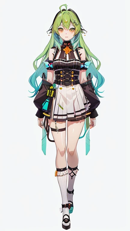 vtubermodel from 1girl, Gradient hair, multi-colored hair, light green hair, turquoise hair ends, Bangs, Wavy Hair, gradient eyes, Orange Eyes, steampunc , hiquality , More information , rendered, whitebackground, full - body