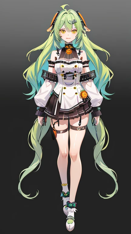 vtubermodel from 1girl, Gradient hair, multi-colored hair, light green hair, turquoise hair ends, Bangs, Wavy Hair, gradient eyes, Orange Eyes, steampunc , hiquality , More information , rendered, whitebackground, full - body