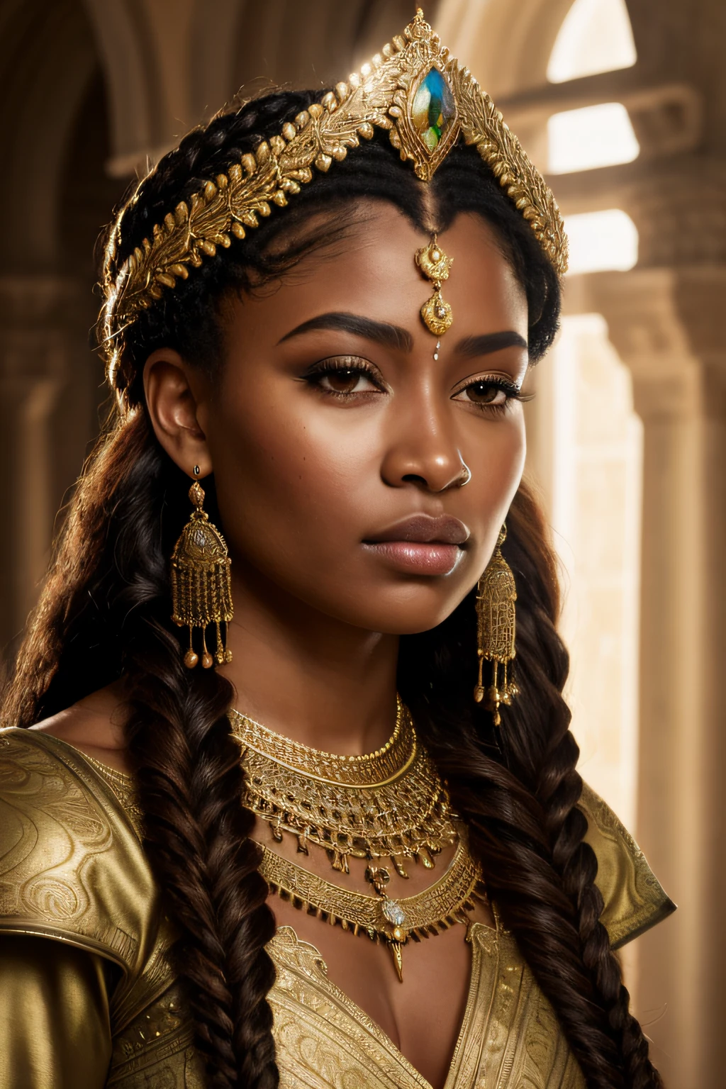 close up portrait of a 25 year-old gorgeous confident blasian dark-skinned medieval fantasy queen, almond-shaped eyes, plump lips, gorgeous hazel-colored eyes, long hair, dutch braids, elaborate hairdo, serious look, steadfast expression, slim, rich regal traditional fantasy north african regal clothes, filigree jewels, in a fantasy north african palace, (backlighting), realistic, masterpiece, highest quality, lens flare, shade, bloom, [[chromatic aberration]] digital painting